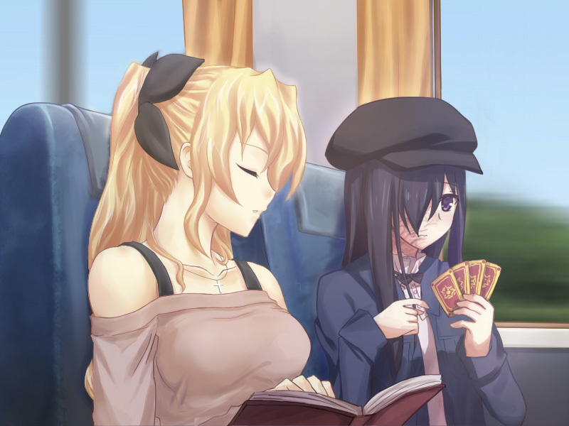 2girls alternate_costume artist_request bare_shoulders black_ribbon blonde_hair blue_jacket blue_sky blurry book burn_scar card casual closed_eyes closed_mouth game_cg hair_over_one_eye hair_ribbon holding holding_book holding_card ikezawa_hanako jacket katawa_shoujo long_hair long_sleeves multiple_girls non-web_source official_alternate_costume official_art open_book open_clothes open_jacket purple_eyes purple_hair ribbon satou_lilly scar scar_on_face shirt sky train_interior upper_body white_shirt