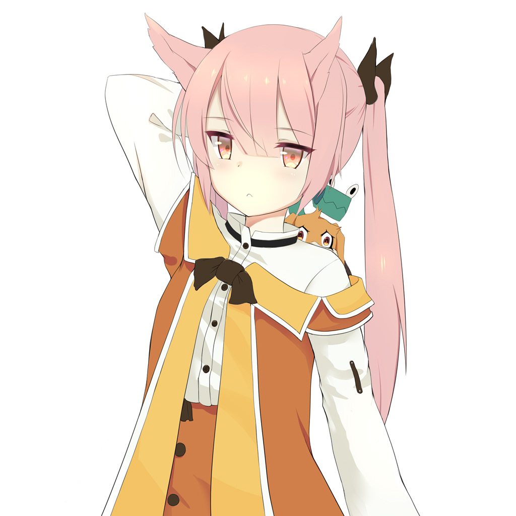 1girl arm_behind_head blunt_bangs blush closed_mouth commentary_request frown jacket long_hair long_sleeves looking_at_viewer mashiko_kaoru nene_(toji_no_miko) orange_eyes orange_jacket osafune_girls_academy_school_uniform pink_hair rinrin_(inhonoor) school_uniform shirt sidelocks solo standing toji_no_miko twintails white_background white_shirt