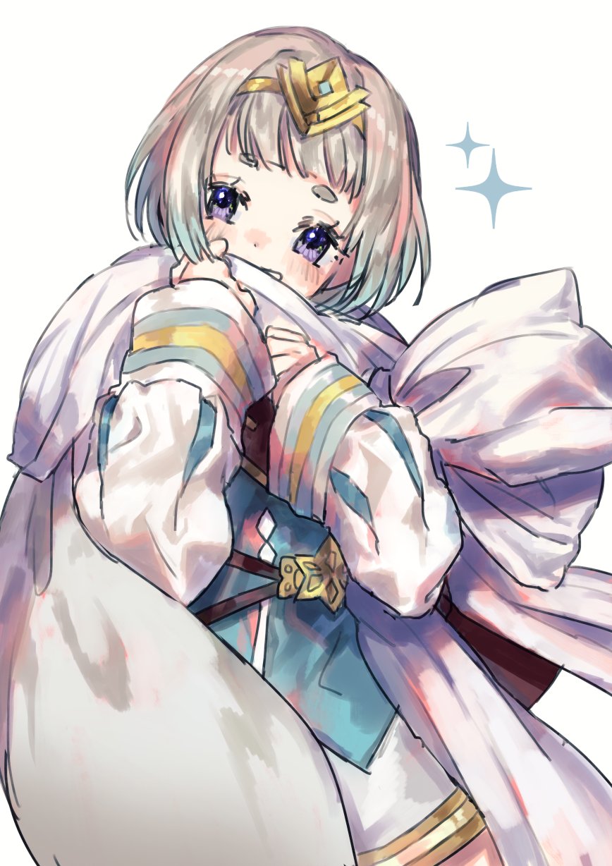 1girl ama_asagi blue_hair cape dress female_focus fire_emblem fire_emblem_heroes gradient_hair highres long_sleeves multicolored_hair nintendo purple_eyes short_hair simple_background solo tiara white_background white_hair ylgr_(fire_emblem)