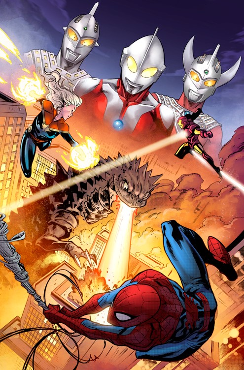 alien artist_request aura bemular breath_weapon building chest_beam city cloud crossover destruction dust energy energy_beam energy_fist exhaust explosion fire flying giant giant_monster glowing glowing_eyes glowing_hand iron_man iron_man_(series) kaiju marvel mask monster mouth_beam ms._marvel night no_pupils official_art seijin silk skyscraper smoke space_monster spider-man spider-man_(series) spider_web superhero_costume swinging tsuburaya_productions ultra_series ultraman ultraman_(1st_series) ultraman_tarou ultraman_tarou_(series) ultraseven ultraseven_(series) yellow_eyes