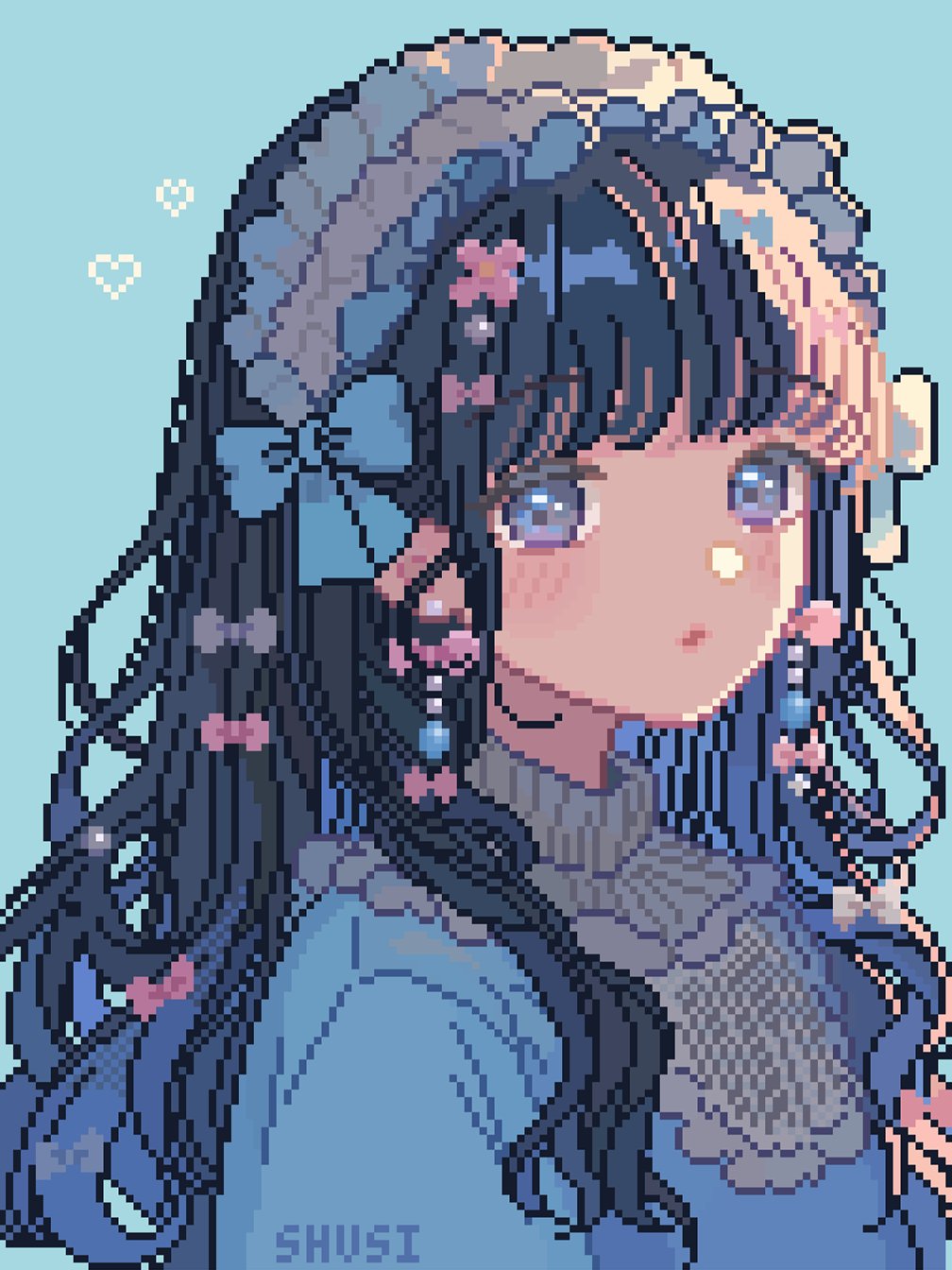 1girl blue_bow blue_eyes blue_hair blue_headdress blue_theme blunt_bangs blush bow colored_inner_hair earrings hair_ornament hairclip headdress heart highres jewelry multicolored_hair original parted_lips pink_bow pixel_art portrait shusi_(6muuu3) solo white_bow
