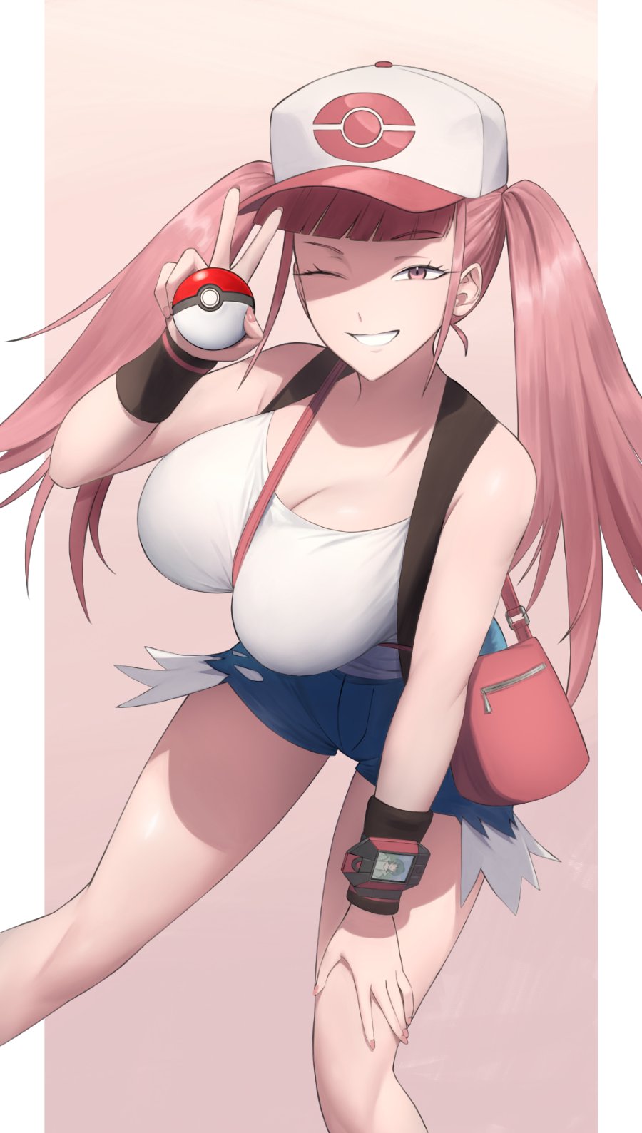 1girl ;) bare_legs bare_shoulders baseball_cap black_vest blunt_bangs breasts cleavage cosplay denim denim_shorts female_focus fire_emblem fire_emblem:_three_houses grin hat highres hilda_(pokemon) hilda_(pokemon)_(cosplay) hilda_valentine_goneril holding holding_poke_ball large_breasts long_hair looking_at_viewer matching_hair/eyes name_connection nintendo one_eye_closed pink_eyes pink_hair poke_ball poke_ball_(basic) pokemon pokemon_bw shirt short_shorts shorts shou_illust sidelocks smile solo tank_top teeth twintails two-tone_headwear v vest white_hat white_shirt wink wristband xtransceiver