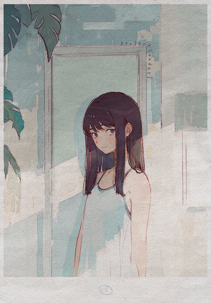 1girl artist_name black_eyes black_hair camisole commentary leaf long_hair looking_at_viewer monstera_deliciosa original painting_(medium) perfectsunday sidelocks solo standing traditional_media watercolor_(medium) white_camisole