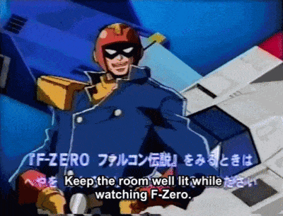 1boy animated animated_gif captain_falcon f-zero helmet looking_at_viewer lowres male_focus manly mask nintendo outstretched_arm public_service_announcement solo subtitled