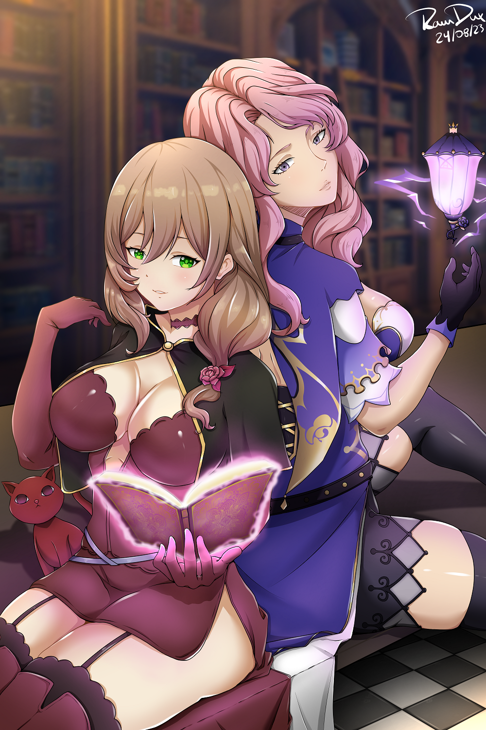 2girls black_capelet black_clover black_gloves black_thighhighs book breasts brown_hair capelet cosplay costume_switch crossover dated dress elbow_gloves electricity flower garter_straps genshin_impact gloves green_eyes grimoire hair_between_eyes hair_flower hair_ornament highres indoors lantern large_breasts library lisa_(genshin_impact) long_hair looking_at_viewer multiple_girls open_book parted_lips pink_dress pink_gloves pink_hair pink_thighhighs purple_capelet purple_eyes raumdux red_cat short_dress signature sitting smile strapless strapless_dress thighhighs vanessa_enoteca witch