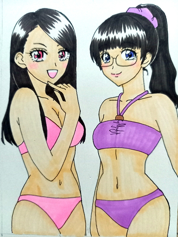 2girls amy_yuzuki bikini black_hair kwai_chi multiple_girls pink_eyes purple_eyes super_sentai swimsuit yayoi_ulshade zyuden_sentai_kyoryuger
