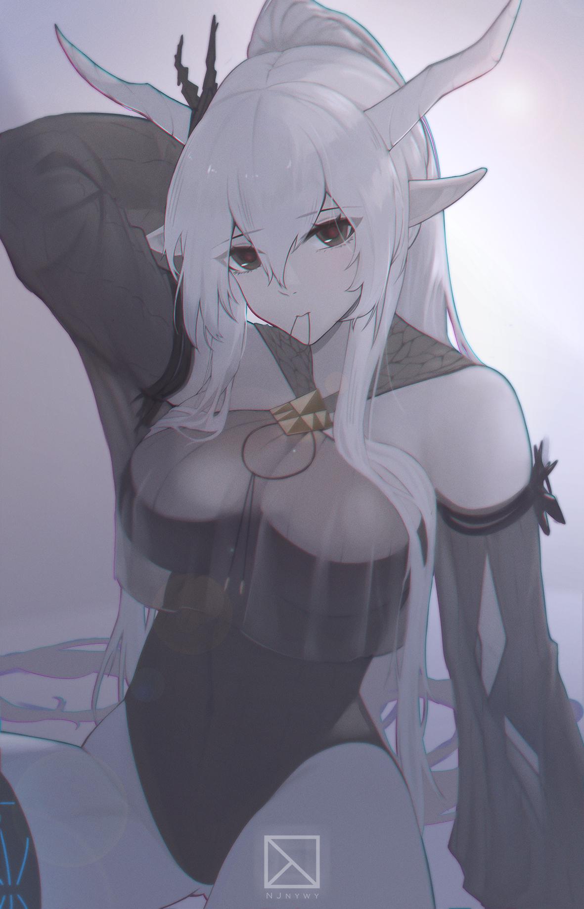 1girl arknights black_one-piece_swimsuit highres horns njnywy one-piece_swimsuit pointy_ears shining_(arknights) shining_(silent_night)_(arknights) swimsuit white_hair