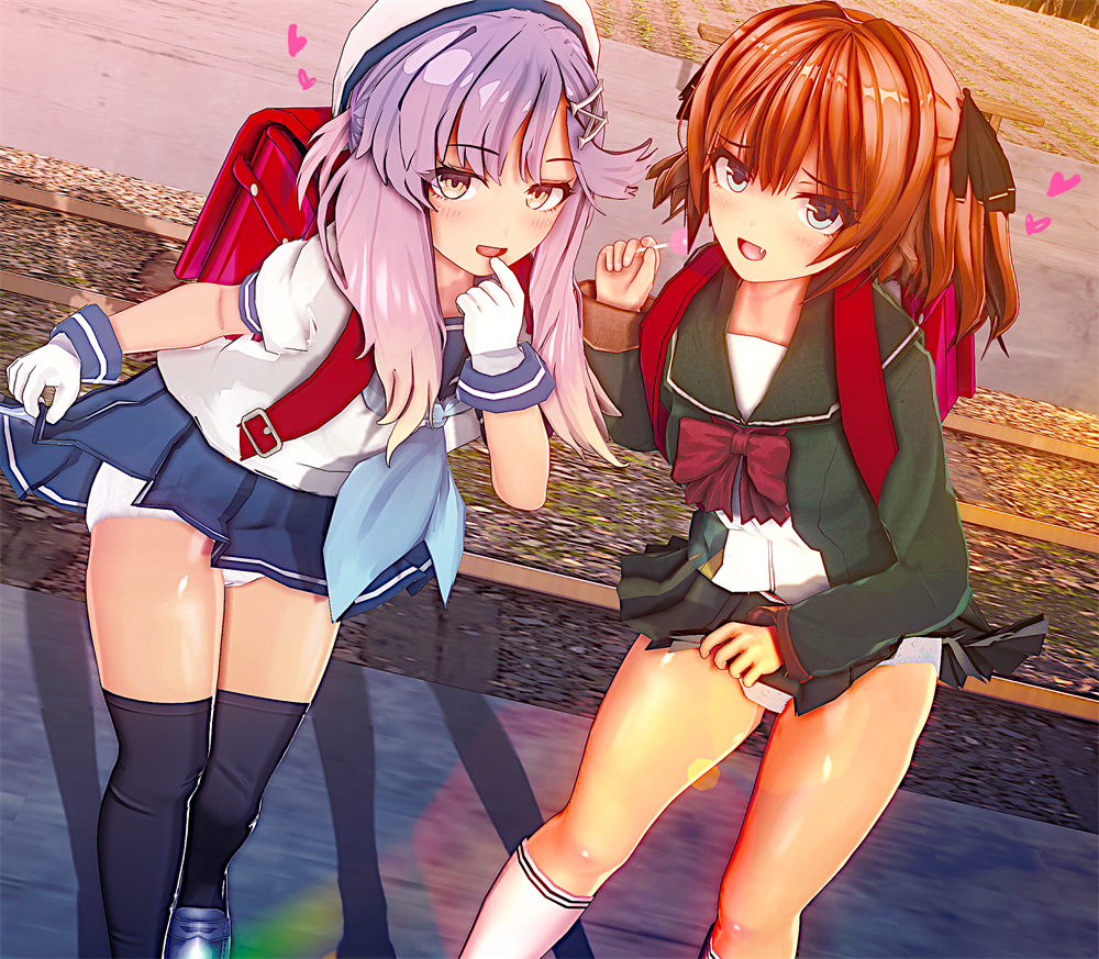 2girls backpack bag black_thighhighs blue_eyes blue_skirt blush candy food gloves gradient_hair green_shirt hachijou_(kancolle) hair_ornament kantai_collection lollipop looking_at_viewer multicolored_hair multiple_girls orange_eyes orange_hair outdoors panties purple_hair randoseru red_ribbon ribbon serafuku shirt skirt socks thighhighs tsushima_(kancolle) underwear white_gloves white_headwear white_panties white_serafuku white_socks