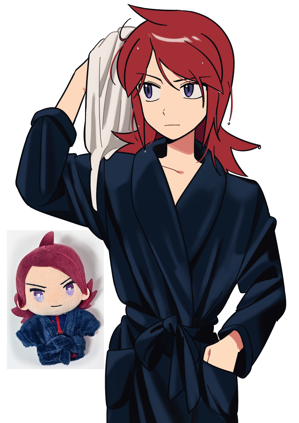 1boy bathrobe blue_robe character_doll chueog closed_mouth creatures_(company) game_freak hand_in_pocket highres long_hair male_focus nintendo pokemon pokemon_hgss purple_eyes red_hair robe silver_(pokemon) simple_background solo towel upper_body wet wet_hair white_background