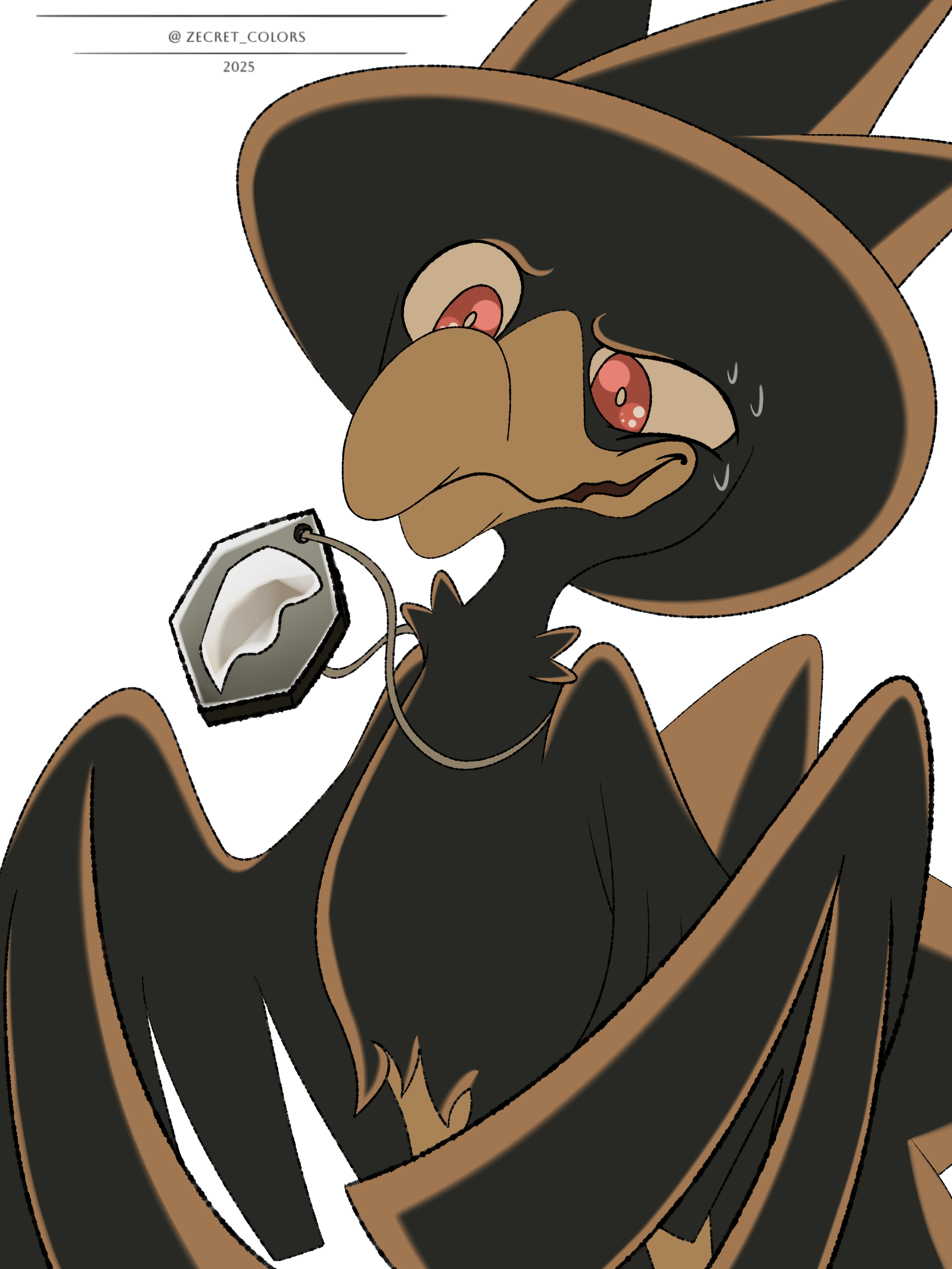 absurdres artist_name beak bird gen_2_pokemon highres jewelry murkrow necklace nintendo no_humans pokemon pokemon_(creature) red_eyes solo sweat white_background zecret_colors
