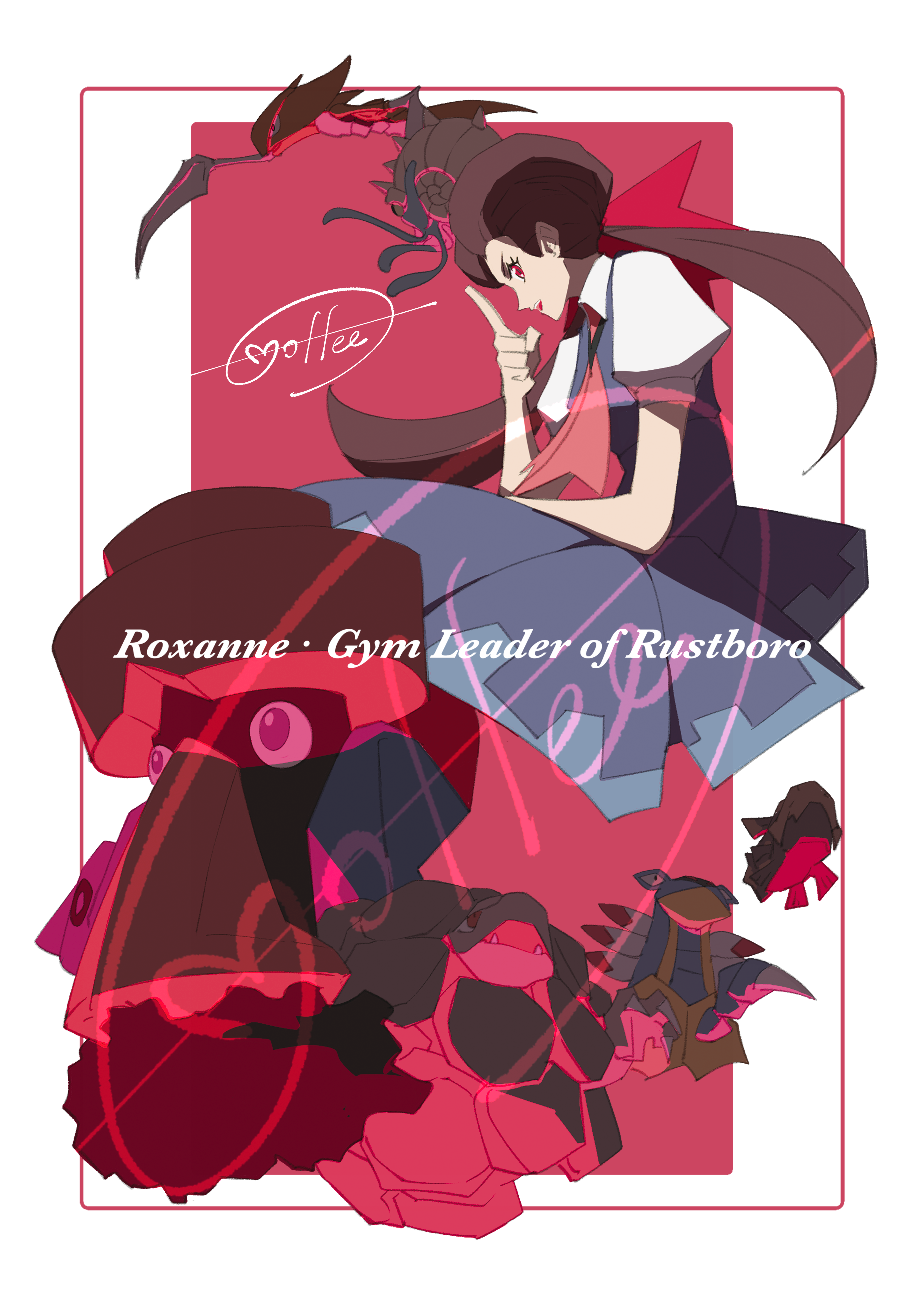 1girl absurdres armaldo ascot border brown_hair cccacademia character_name commentary_request dress eyelashes gen_1_pokemon gen_3_pokemon gen_4_pokemon golem grey_dress hand_up highres index_finger_raised kabutops long_hair nintendo omastar pink_ascot pink_background pokemon pokemon_(creature) pokemon_oras probopass relicanth roxanne_(pokemon) shirt short_sleeves signature smile twintails white_border white_shirt