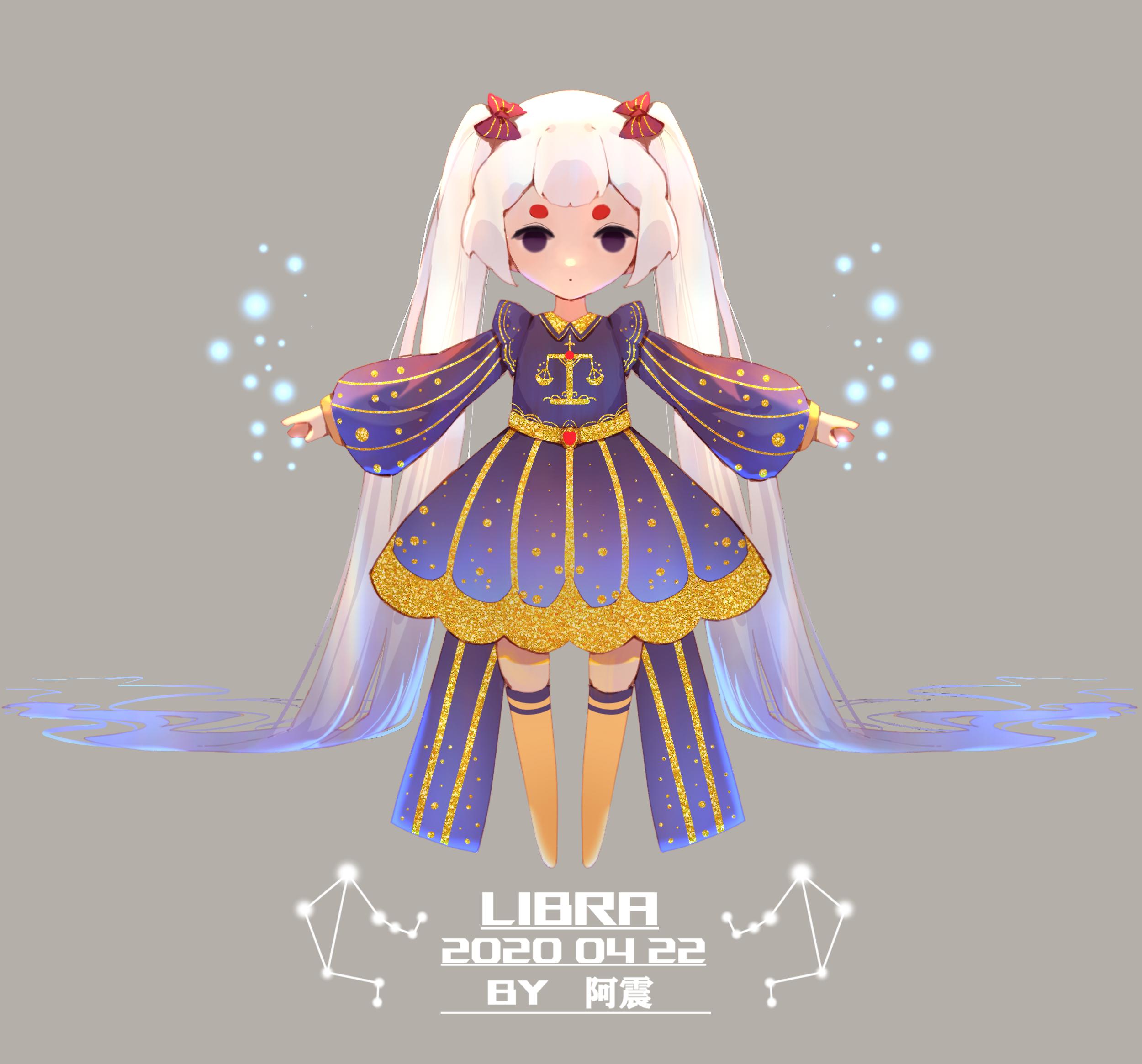 1girl artist_name black_eyes blue_hair boots bow chibi closed_mouth dated dot_mouth dress full_body gradient_hair hair_bow highres libra_(constellation) libra_(zodiac) long_hair long_sleeves multicolored_hair orange_boots original outstretched_arms puffy_long_sleeves puffy_sleeves purple_dress red_bow short_eyebrows solo standing thigh_boots twintails very_long_hair white_hair yi_er_san zodiac