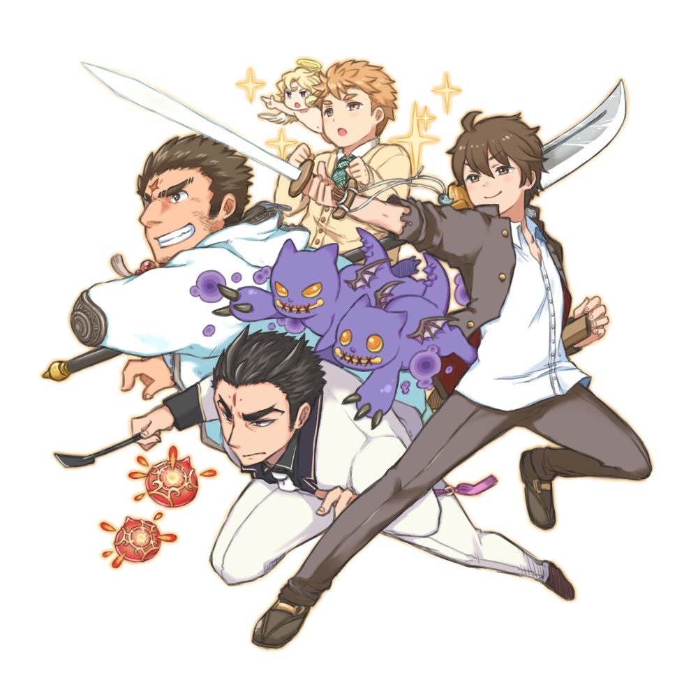 &gt;:) 2others 4boys aizen_(housamo) beads black_hair black_shirt blonde_hair brown_eyes brown_hair claws closed_mouth collared_shirt colored_skin creature cross_scar cupid_(housamo) demon_wings devil_(housamo) energy facial_hair facial_mark feathered_wings fighting_stance floating floating_object forehead_mark formal_clothes frown full_body green_necktie grin halo holding holding_sword holding_weapon hood hooded_jacket houzouin_oniwaka jacket loafers long_sideburns looking_afar magatama male_focus protagonist_4_(housamo) mature_male multiple_boys multiple_others naginata necktie open_mouth outline pointing pointing_forward polearm prayer_beads purple_skin red_eyes riding_crop scar scar_on_face scar_on_forehead shirt shoes short_hair sideburns smile sparkle stubble suit summon_lw sweater_jacket sword tassel tennouji_shin&#039;ya thick_eyebrows tokyo_houkago_summoners torn_clothes v-shaped_eyebrows weapon white_background white_necktie white_shirt white_suit wings yellow_outline