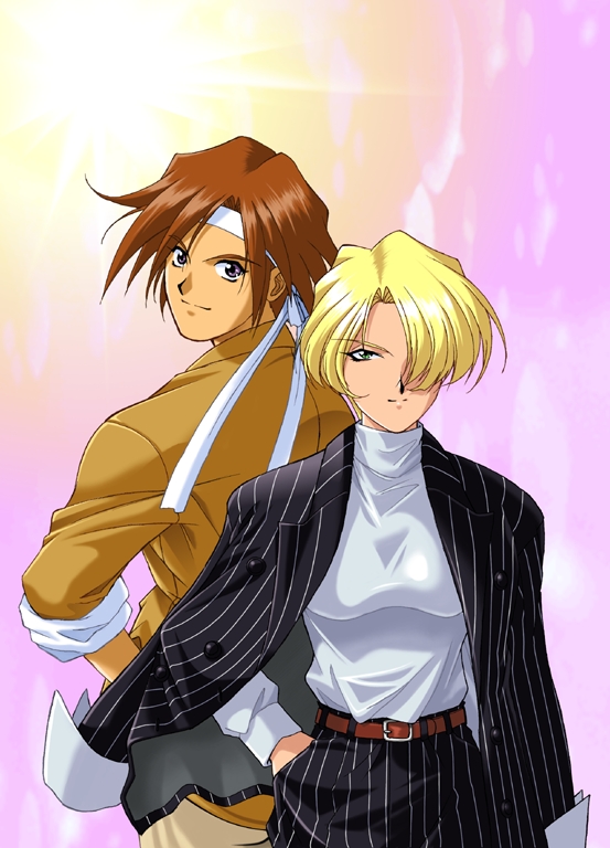 1990s_(style) 2girls abstract_background alternate_costume belt belt_buckle black_collar black_footwear black_jacket black_sleeves black_suit blonde_hair blue_eyes bow breasts brown_belt brown_collar brown_jacket brown_pants buckle buttons closed_mouth collar collared_shirt collared_suit formal_clothes gradient_background hair_intakes hair_over_one_eye headband height_difference jacket jacket_on_shoulders kirishima_kanna light_brown_hair light_smile long_sleeves looking_at_viewer maria_tachibana mature_female medium_breasts multiple_girls narrow_waist narrowed_eyes non-web_source official_alternate_costume official_art open_clothes open_jacket pant_suit pants parted_lips pinstripe_collar pinstripe_pants pinstripe_pattern pinstripe_sleeves pinstripe_suit purple_eyes retro_artstyle sakura_taisen sega shirt short_hair simple_background skinny sleeve_cuffs sleeves_rolled_up smile striped_clothes striped_collar striped_pants suit sweater tsurime turtleneck turtleneck_sweater vertical-striped_clothes vertical-striped_pants vertical-striped_sleeves vertical-striped_suit weapon white_collar white_headband white_sleeve_cuffs yamaguchi_yasushi