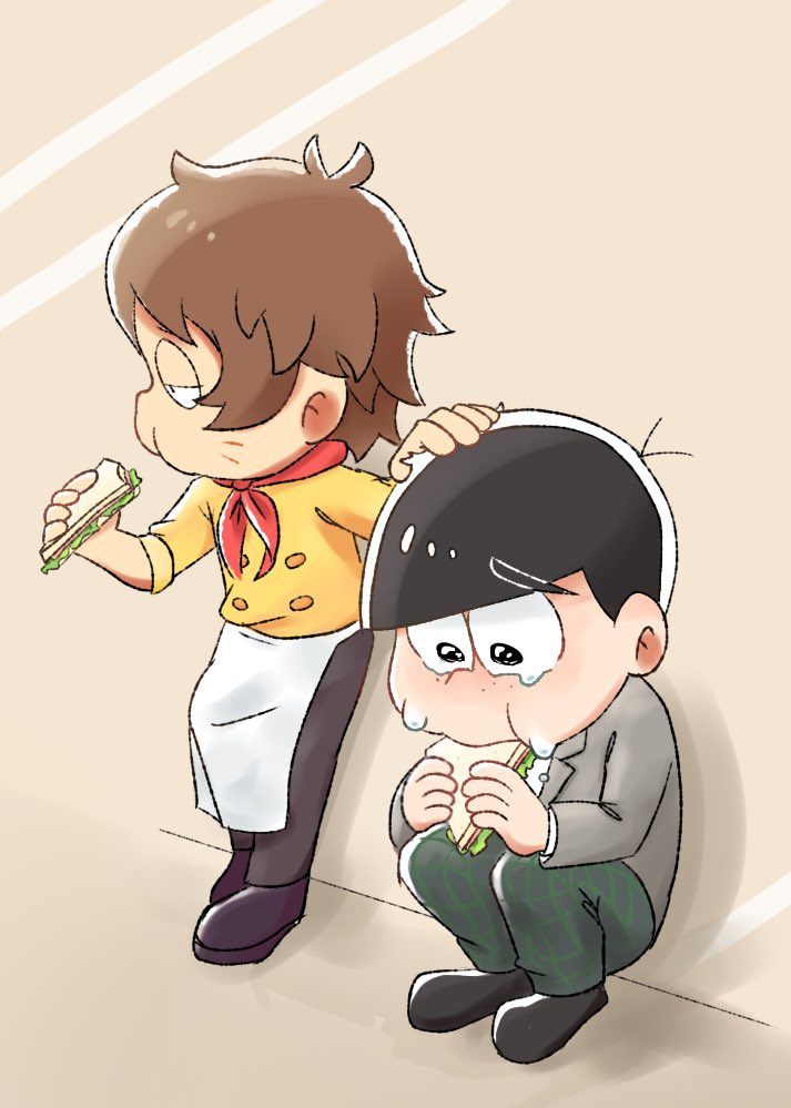 2boys against_wall apron buttons chibita crying crying_with_eyes_open double-breasted eating facial_mark food freckles hand_on_another&#039;s_head hinakura3 male_focus matsuno_karamatsu multiple_boys neckerchief osomatsu-san_the_movie osomatsu_(series) red_neckerchief sandwich school_uniform squatting tears waist_apron whisker_markings white_apron