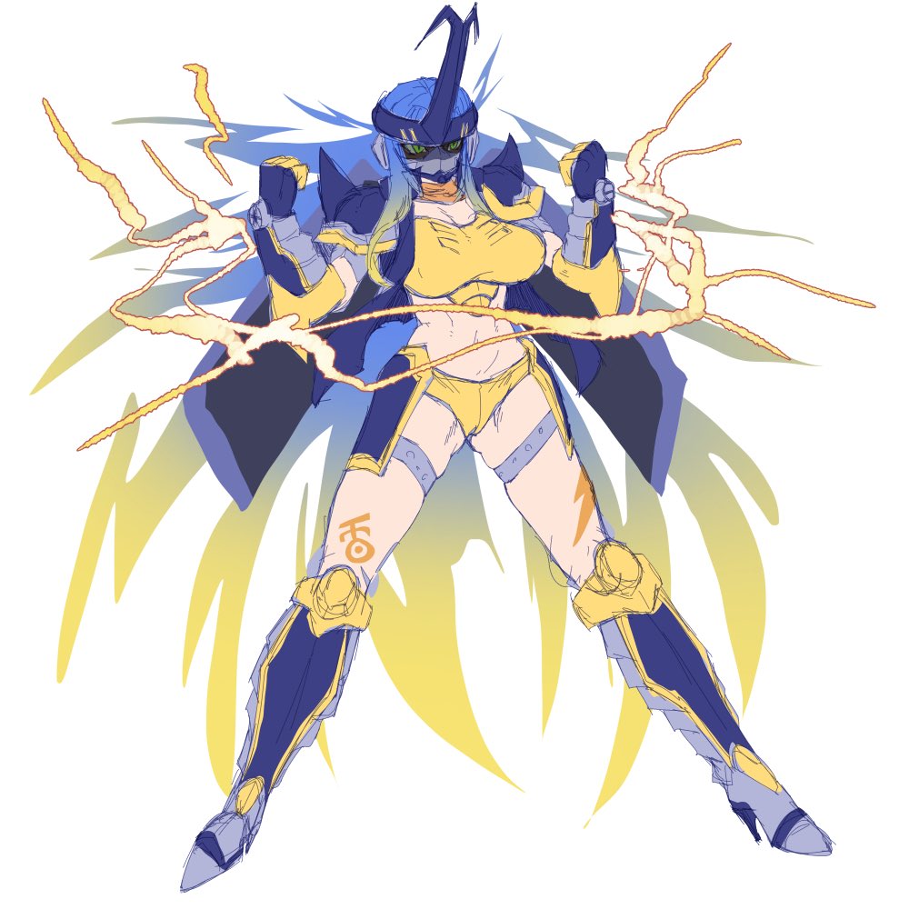 armor blitzmon blonde_hair blue_hair clenched_hands digimon digimon_(creature) digimon_frontier electricity gauntlets genderswap genderswap_(mtf) gerusyu green_eyes midriff multicolored_hair navel shoulder_armor thigh_strap white_background