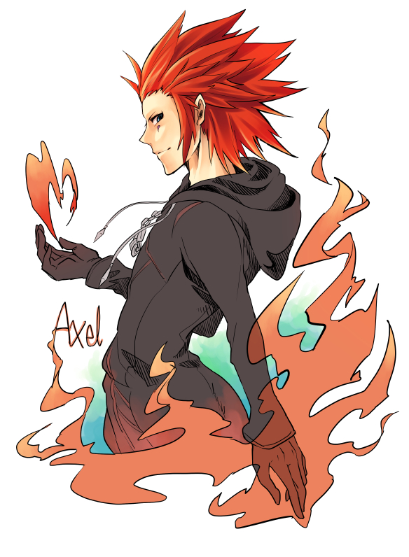 1boy axel_(kingdom_hearts) black_coat black_coat_(kingdom_hearts) black_gloves character_name coat commentary_request escaburn facial_mark fire gloves green_eyes hand_up hood hood_down hooded_coat kingdom_hearts long_sleeves looking_back male_focus medium_hair pyrokinesis red_hair smile solo spiked_hair upper_body