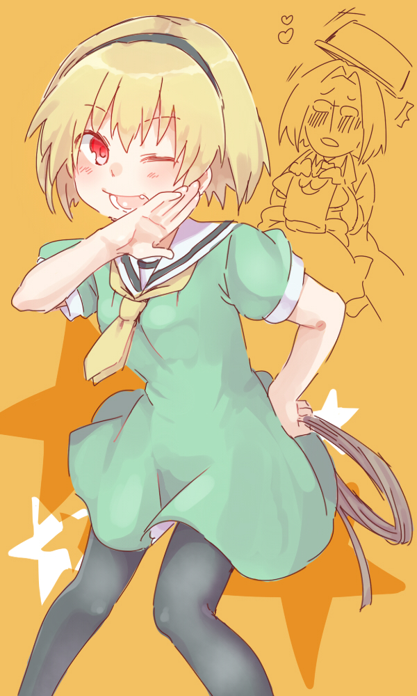1girl blonde_hair covering_own_mouth dress green_dress higurashi_no_naku_koro_ni houjou_satoko one_eye_closed red_eyes rope satou_yuu short_hair simple_background tagme