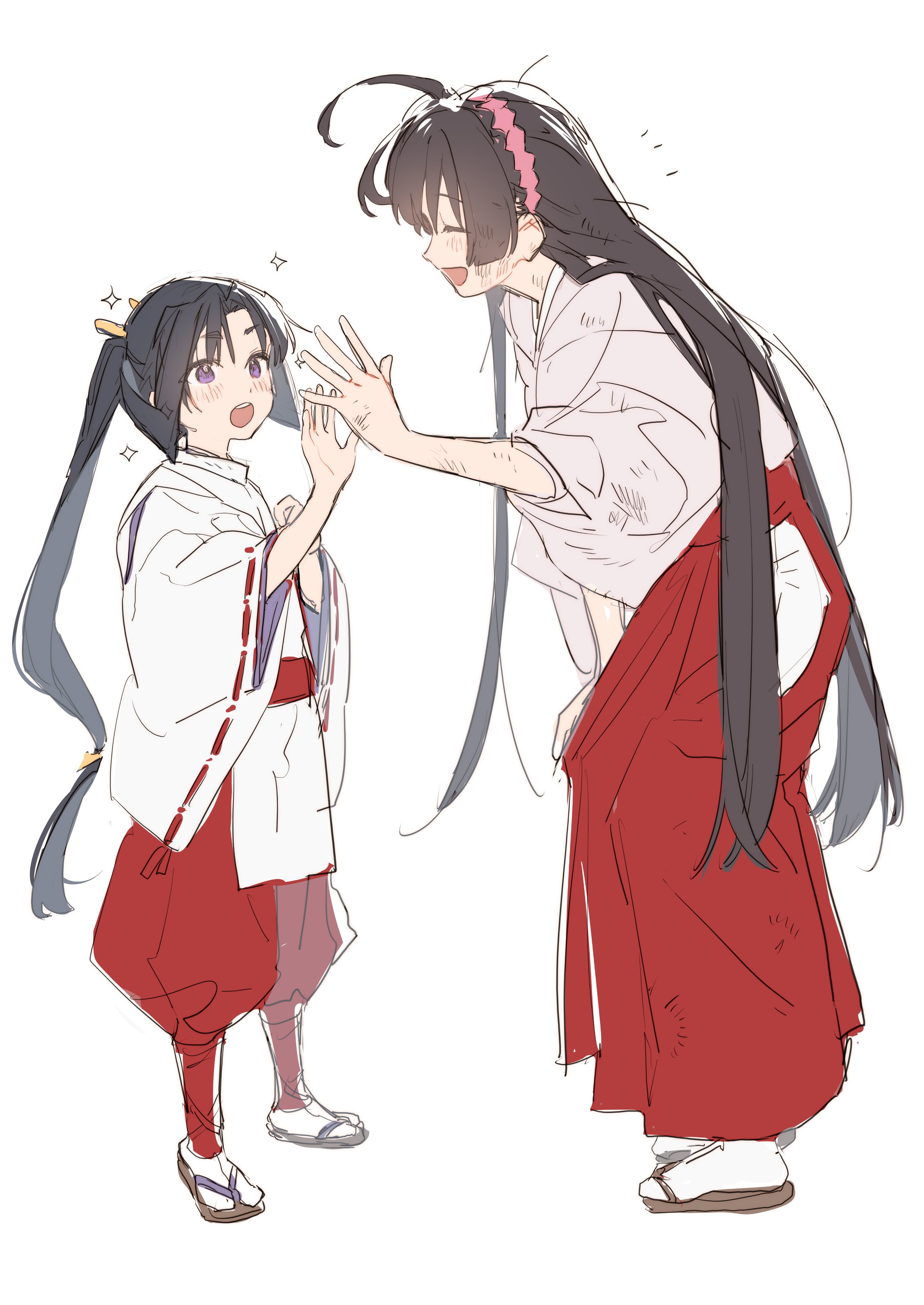 1boy 1girl :d :o absurdres ahoge bending black_hair blunt_sidelocks blush child closed_eyes dirty dirty_clothes dirty_face full_body hairband hakama hakama_pants hand_on_own_knee hand_up height_difference highres houjou_tokiyuki_(nige_jouzu_no_wakagimi) japanese_clothes kariginu long_hair low-tied_long_hair messy_hair miko mochizuki_ayako motoyui nige_jouzu_no_wakagimi open_mouth pants parted_bangs profile purple_eyes red_hakama ribbon-trimmed_sleeves ribbon_trim sandals sidelocks_tied_back simple_background size_difference smile sparkle tabi teeth tefco upper_teeth_only very_long_hair white_background zouri