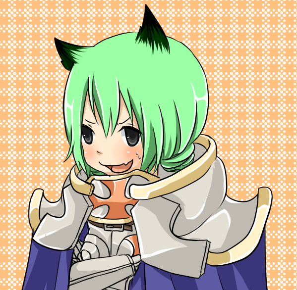 1girl armor blue_cape blush breastplate cape commentary_request crossed_arms crusader_(ragnarok_online) fang grey_eyes hair_horns looking_at_viewer meiko_(nattu303) open_mouth orange_background pauldrons plaid_background ragnarok_online short_hair shoulder_armor skin_fang smile solo upper_body v-shaped_eyebrows