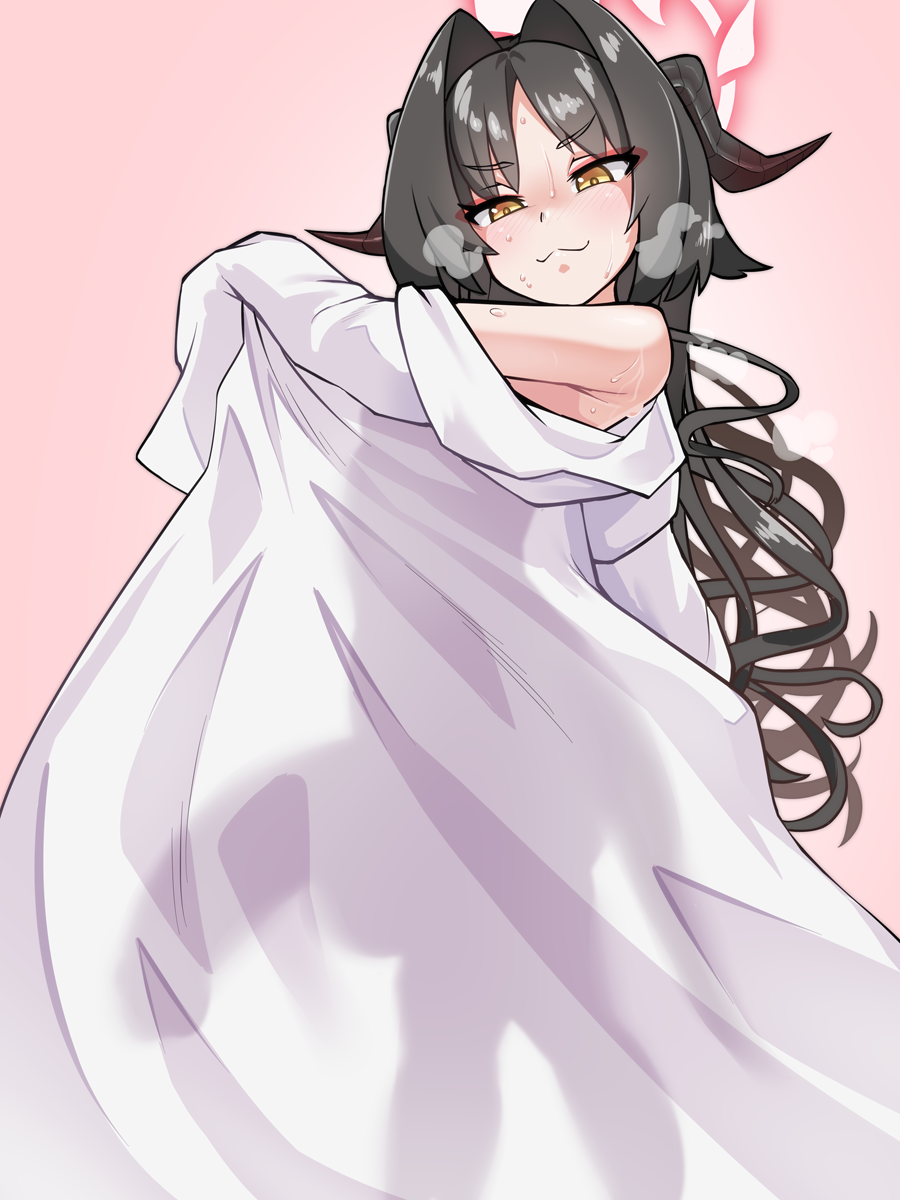 1futa black_hair blue_archive closed_mouth covered_penis demon_horns demon_tail futanari hair_intakes halo highres horns huge_penis huge_testicles kasumi_(blue_archive) lab_coat long_hair long_sleeves looking_at_viewer penis pink_background see-through_silhouette simple_background sirachi sleeves_past_fingers sleeves_past_wrists smile solo standing steaming_body tail testicles yellow_eyes