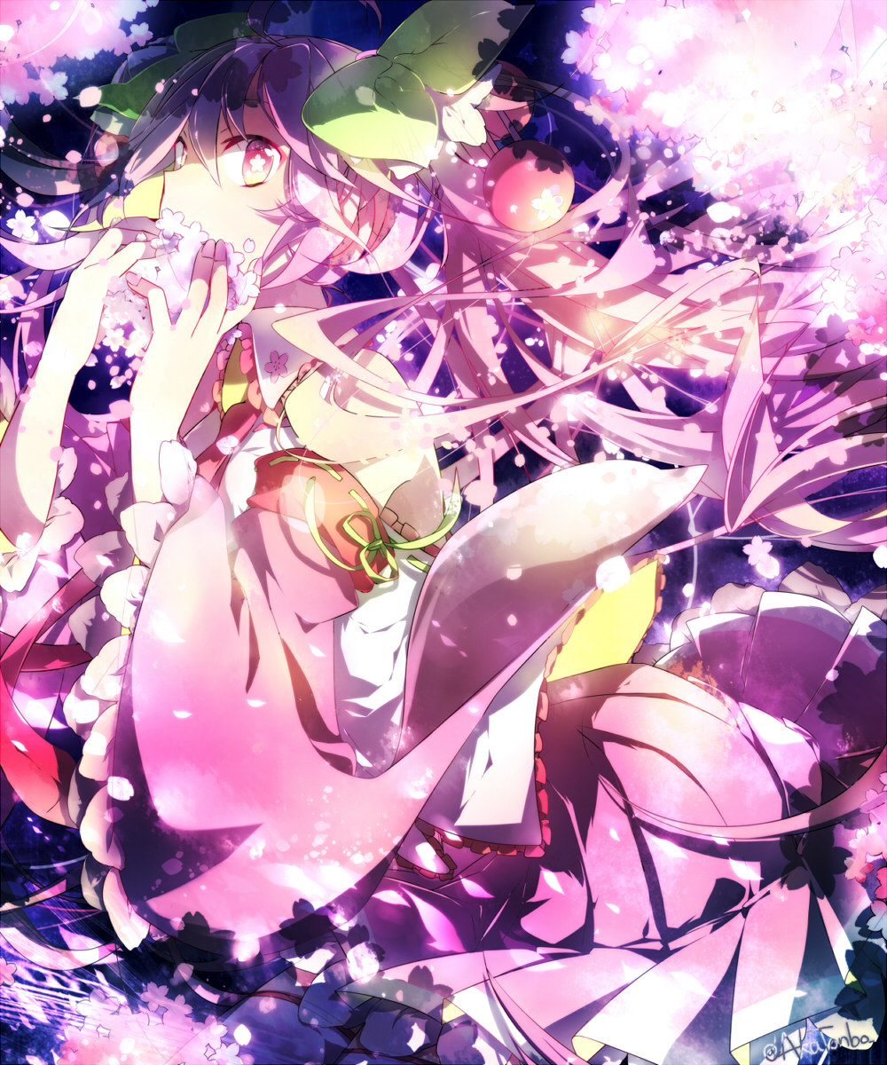 1girl aka_tonbo_(lililil) artist_name cherry cherry_blossoms detached_sleeves female_focus food fruit hatsune_miku highres long_hair necktie pink_eyes pink_hair sakura_miku skirt solo very_long_hair vocaloid