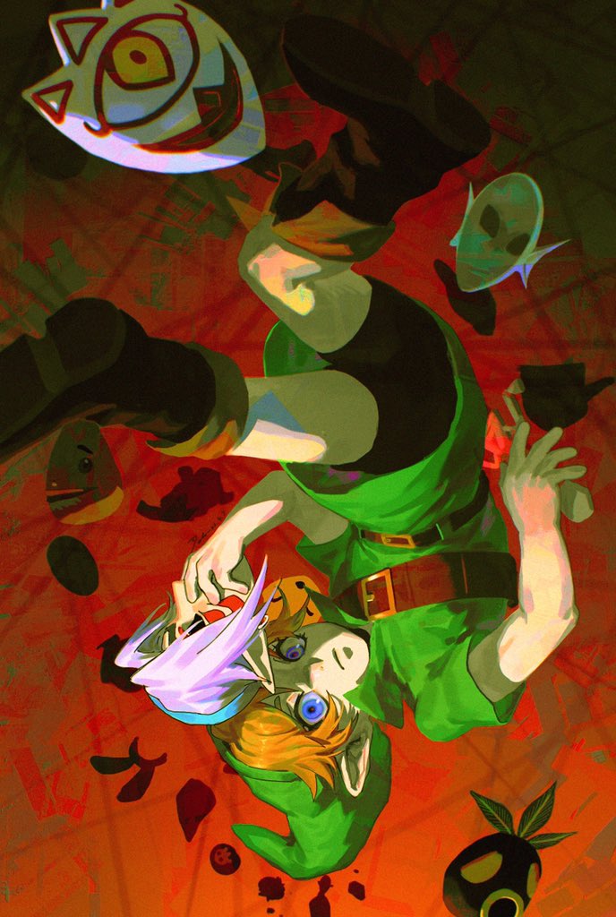 1boy belt black_shorts blonde_hair blue_eyes boots brown_footwear dele14375735 fierce_deity full_body green_headwear green_tunic hat holding holding_mask link looking_at_viewer male_focus mask nintendo parted_bangs pointy_ears red_background short_hair short_sleeves shorts shoulder_belt the_legend_of_zelda the_legend_of_zelda:_majora&#039;s_mask tunic upside-down wide-eyed young_link