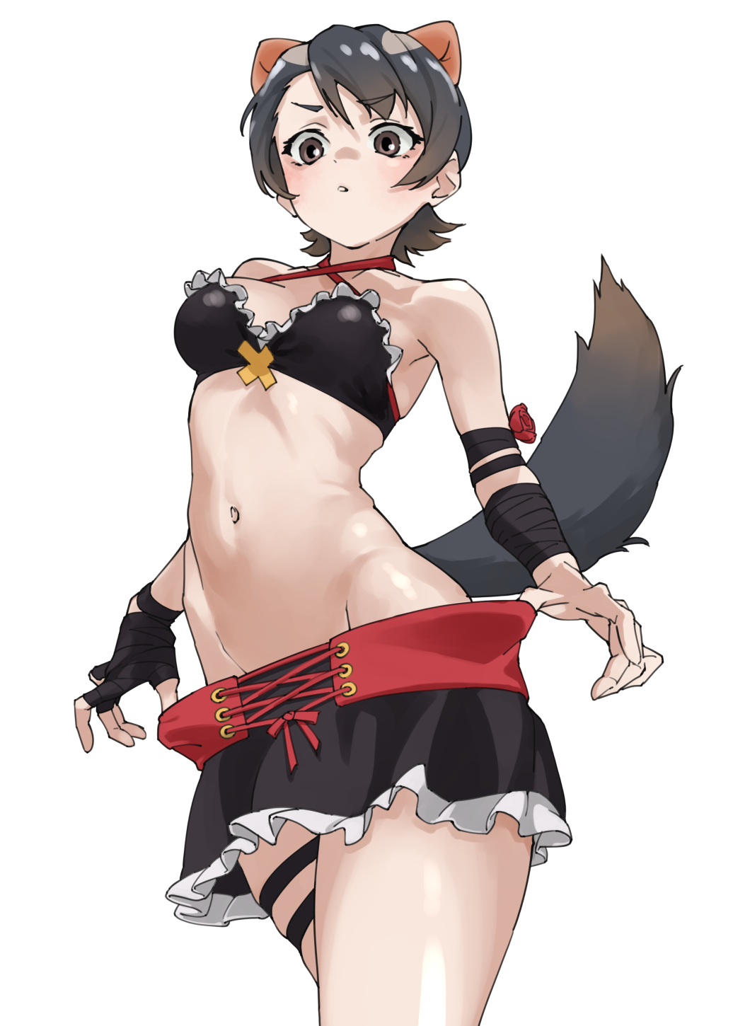 1girl bare_shoulders black_hair black_skirt breasts brown_eyes brown_hair commentary cowboy_shot extra_ears frilled_skirt frills gradient_hair groin highres kemono_friends looking_at_viewer medium_breasts miniskirt multicolored_hair navel short_hair simple_background skirt solo stomach tanabe_(fueisei) tasmanian_devil_(kemono_friends) tasmanian_devil_ears tasmanian_devil_tail thigh_strap white_background wrist_wrap