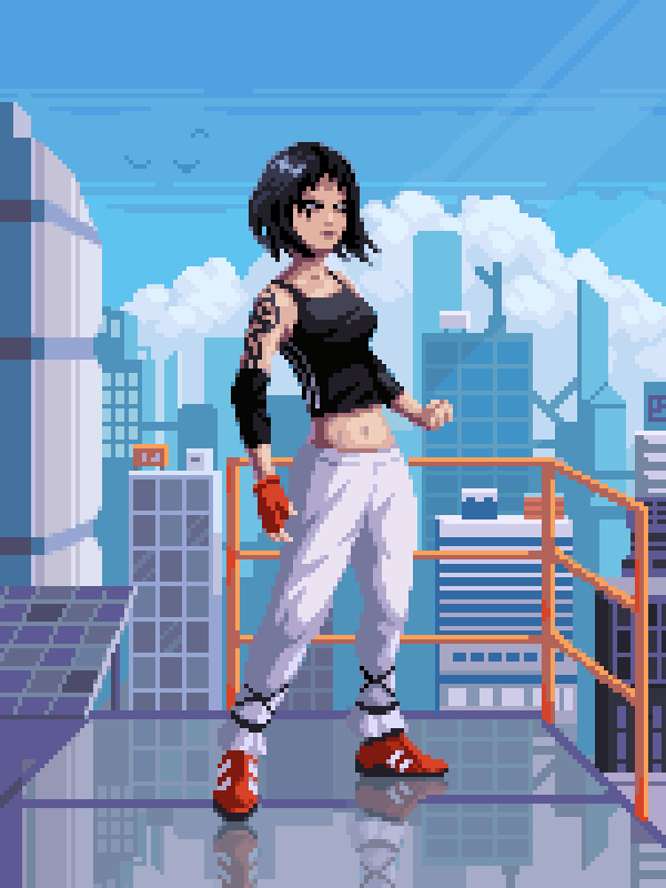 1girl arm_tattoo black_hair black_tank_top blue_sky breasts building city cityscape closed_mouth cloud day eye_tattoo faith_connors fingerless_gloves full_body glass glass_floor gloves looking_to_the_side midriff mirror&#039;s_edge mirror&#039;s_edge_(series) navel on_floor outdoors pants pixel_art railing red_gloves red_shoes reflection scilex shoes short_hair simple_bird sky solo standing striped_tank_top tank_top tattoo white_pants
