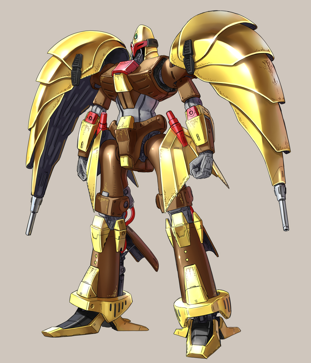 alien auge_(heavy_metal) cable character_request clenched_hands commentary_request energy_cannon gem grey_background highres hose juusenki_l-gaim katahira_masashi machinery mecha mecha_focus no_humans original ornament redesign robot science_fiction shoulder_cannon