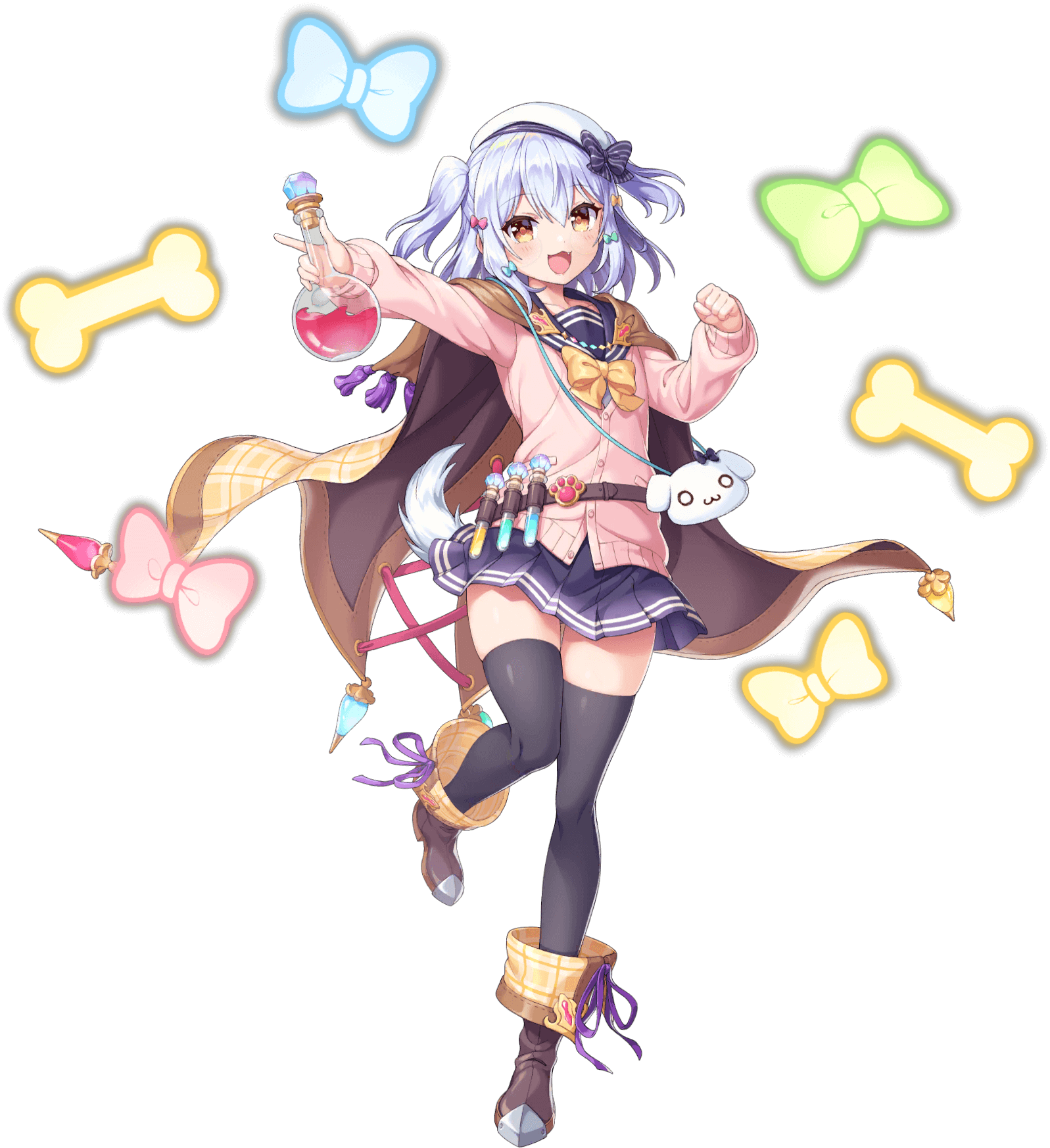 1boy :3 artist_request belt bow bowtie cape cartoon_bone clenched_hand dog_tail fang full_body game_cg hair_bow highres holding_potion inuyama_tamaki legend_clover light_blush male_focus multiple_hair_bows noripro official_art open_mouth orange_eyes school_uniform serafuku skirt solo tail test_tube thighhighs third-party_source transparent_background virtual_youtuber zettai_ryouiki