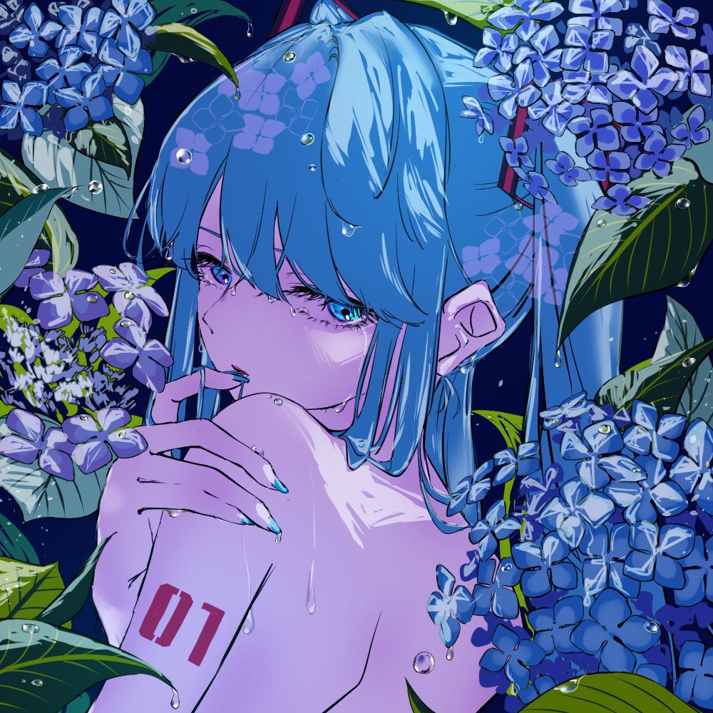 1girl aqua_eyes aqua_nails arm_tattoo bare_back bare_shoulders blue_eyes blue_flower blue_hair blue_theme blunt_bangs commentary crying crying_with_eyes_open eyelashes floral_print flower from_behind half-closed_eyes hand_on_own_shoulder hatsune_miku hydrangea hydrangea_print long_hair looking_at_viewer looking_back meso_potamia nude number_tattoo pale_skin purple_flower shoulder_blades shoulder_tattoo sidelocks solo streaming_tears swept_bangs tattoo tears turning_head twintails upper_body vocaloid water_drop wet wet_hair