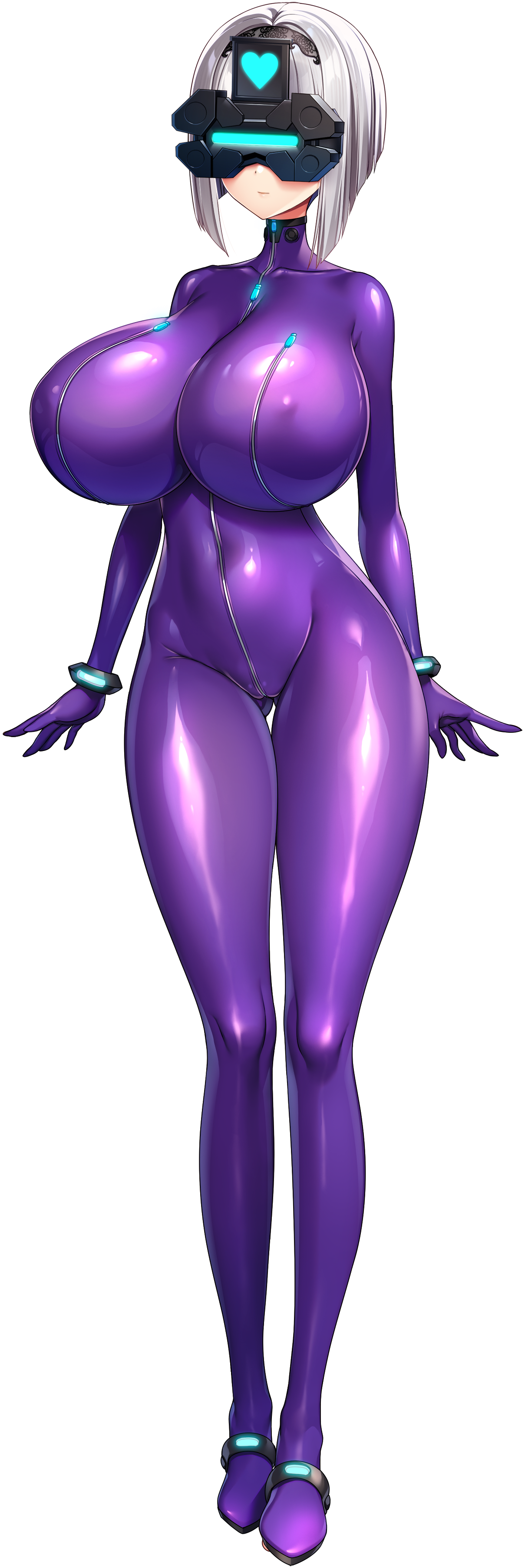 1girl absurdres akagi_rio arms_at_sides black_hairband blunt_bangs bob_cut bodysuit breast_zipper breasts covered_erect_nipples covered_navel emoji full-length_zipper full_body game_cg gluteal_fold grey_hair hairband head-mounted_display heart highres huge_breasts impossible_bodysuit impossible_clothes light_smile looking_at_viewer medium_hair meena_1919 milk_factory motto!_haramase!_honoo_no_oppai_isekai_oppai_maid_gakuen! non-web_source official_art purple_bodysuit smile solo sprite standing tachi-e transparent_background yellow_eyes zipper