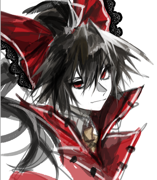 1girl alternate_costume black_hair bow collar hair_between_eyes hakurei_reimu high_ponytail koumajou_densetsu long_hair looking_at_viewer ponytail red_bow red_collar red_eyes sketch touhou xian_qishui