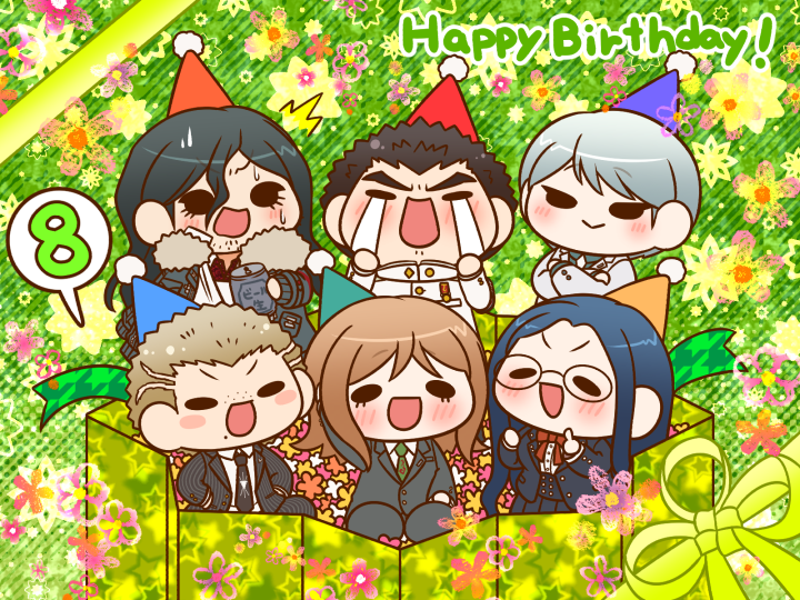 1girl 5boys :&gt; ^^^ aqua_hat aqua_shirt arm_behind_head arm_sling armband beard_stubble beer_can black-framed_eyewear black_corset black_eyes black_hair black_jacket black_necktie black_pants black_skirt black_suit blazer blonde_hair blue_hair blush_stickers bow bowtie broken_arm brown_hair buttons can cast chibi clenched_hands closed_mouth coat coat_partially_removed collared_jacket collared_shirt commentary_request corset crossed_arms crying crying_with_eyes_open danganronpa:_trigger_happy_havoc danganronpa_(series) danganronpa_3_(anime) danganronpa_another_episode:_ultra_despair_girls danganronpa_v3:_killing_harmony dress_shirt drink_can english_text eyelashes facial_hair floral_background flower formal_clothes freckles fur-trimmed_coat fur_trim furrowed_brow gift glasses green_background green_necktie green_ribbon grey_jacket grey_suit hair_between_eyes hands_in_pockets happy happy_birthday hat high_collar holding holding_can in_bowl in_container ishimaru_kiyotaka jacket kneeling kuzuryu_fuyuhiko lapel_pin lapels layered_sleeves light_blush long_hair long_sleeves mitarai_ryota mole mole_under_mouth multiple_boys munakata_kyousuke necktie nervous_sweating notched_lapels open_clothes open_jacket open_mouth orange_bow orange_bowtie orange_flower orange_hat pale_skin pants party_hat pink_flower pinstripe_jacket pinstripe_pants pinstripe_pattern pinstripe_suit pleated_skirt pocket pointing pointing_up pom_pom_hat_ornament purple_hat red_armband red_hat red_shirt ribbon round_eyewear shirogane_tsumugi shirt short_hair sideburns sidelocks skirt smile solid_oval_eyes spiked_hair straight_hair streaming_tears striped_background stubble suit sweat tears towa_haiji v-shaped_eyebrows very_long_hair white_flower white_hair white_jacket white_necktie white_shirt yellow_flower yellow_hat yumaru_(marumarumaru)