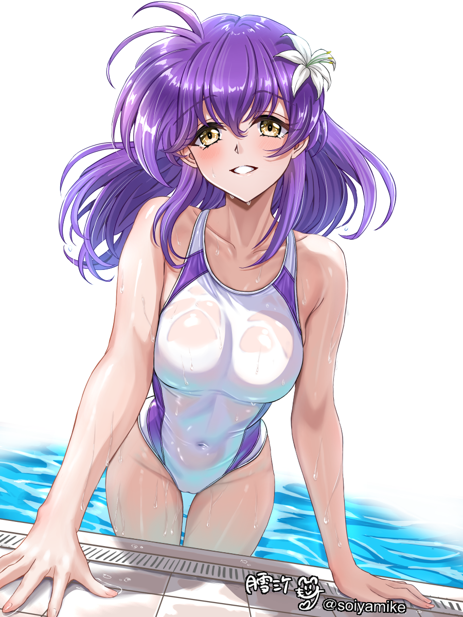 1girl arm_support artist_name bare_shoulders blush breasts collarbone commentary_request competition_swimsuit covered_navel flower hair_flower hair_ornament highres lambda_(langrisser) langrisser large_breasts leaning_forward long_hair looking_at_viewer one-piece_swimsuit parted_lips purple_hair see-through_clothes simple_background solo swimsuit tsukiyuki_mike twitter_username water wet wet_clothes wet_swimsuit white_background white_flower white_one-piece_swimsuit yellow_eyes