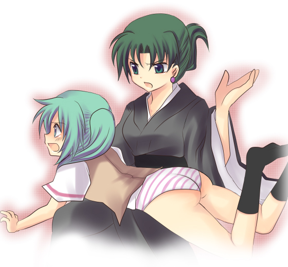 00s 2girls ass black_socks blouse blush earrings folded_ponytail green_eyes green_hair higurashi_no_naku_koro_ni japanese_clothes jewelry kimono mother_and_daughter multiple_girls no_pants open_mouth panties pink_panties ponytail shirt sitting socks sonozaki_akane sonozaki_mion spanked spanking striped_clothes striped_panties subaru_(yachika) underwear vest