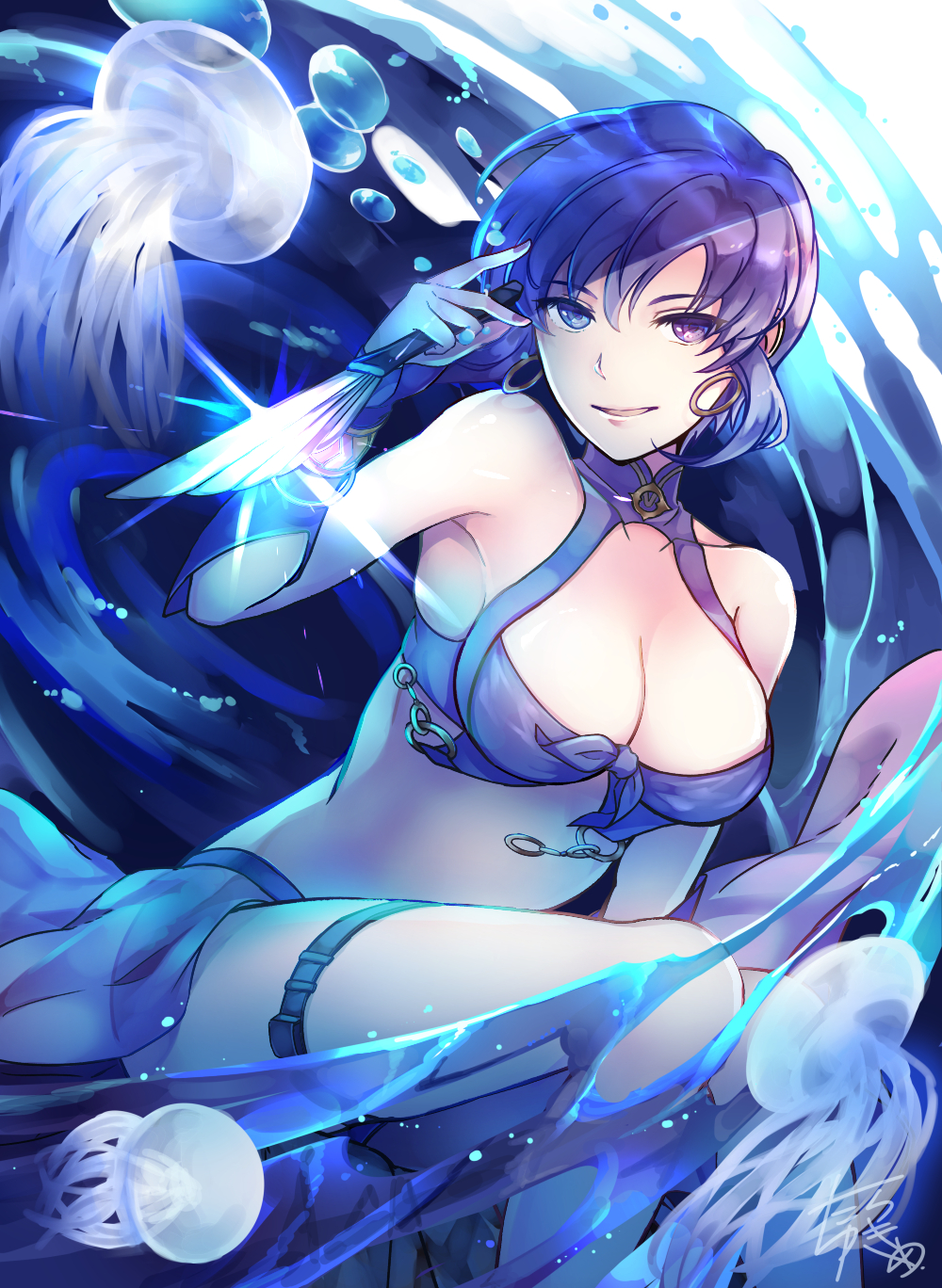 1girl alternate_costume armpits artist_name bikini breasts cleavage dagger earrings female_focus fingerless_gloves fire_emblem fire_emblem:_the_blazing_blade fire_emblem_heroes glint gloves highres hoop_earrings jellyfish jewelry knife looking_at_viewer medium_breasts nail_polish nintendo parted_lips purple_bikini purple_eyes purple_gloves purple_hair sarong short_hair signature solo swimsuit tarayuki thigh_strap thighs ursula_(fire_emblem) ursula_(summer)_(fire_emblem) water weapon wrist_guards