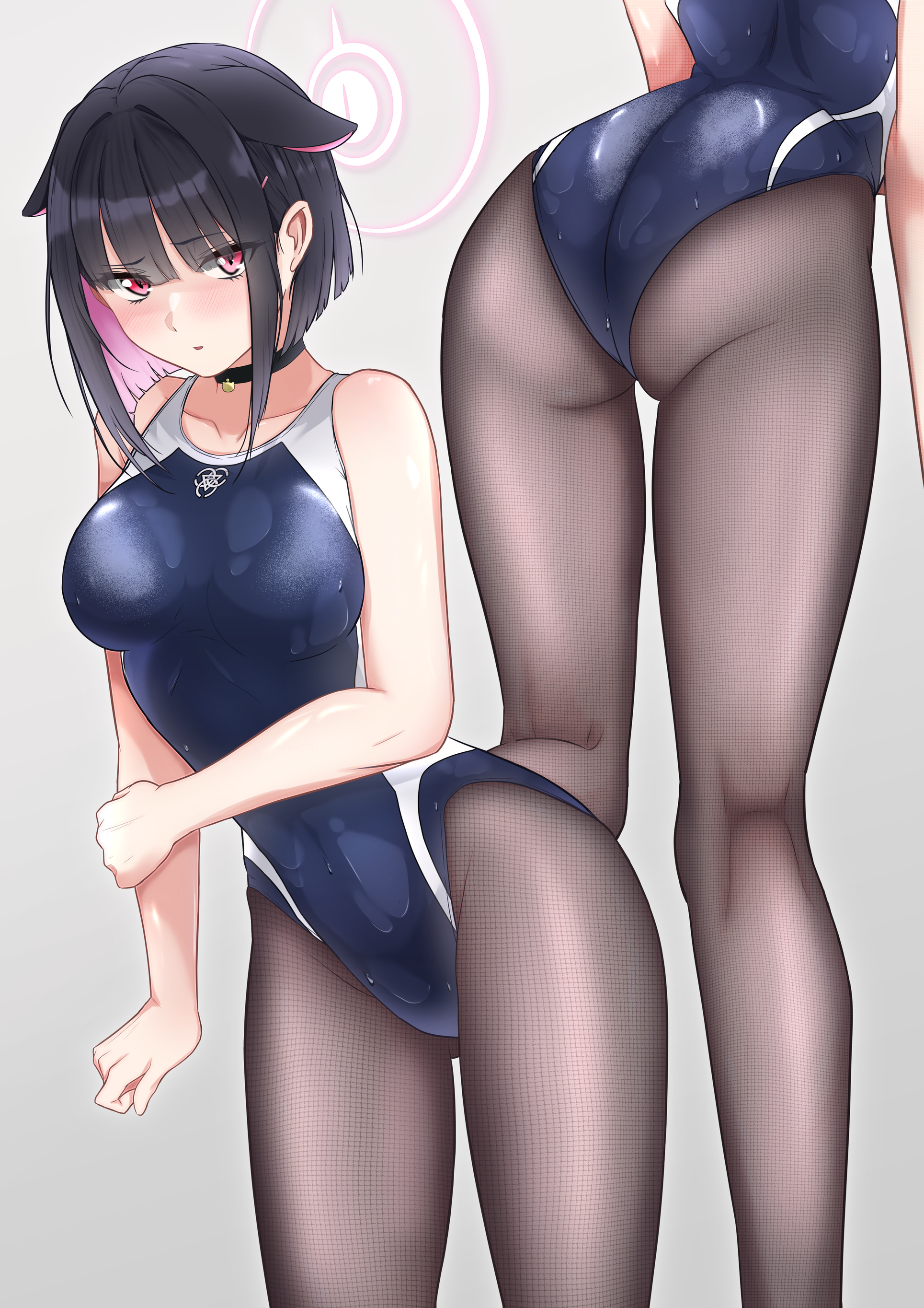 1girl absurdres alternate_costume animal_ears ass bending black_choker black_hair black_pantyhose blue_archive blue_one-piece_swimsuit blush breasts cat_ears choker collarbone competition_swimsuit covered_navel ears_down embarrassed gluteal_fold grey_background hair_ornament hairclip halo hand_on_own_arm highleg highres kazusa_(blue_archive) kneepits leotard looking_at_viewer medium_breasts multicolored_hair multiple_views one-piece_swimsuit orionstar pantyhose pantyhose_under_swimsuit pink_hair pink_halo raised_eyebrow red_eyes school_swimsuit short_hair swimsuit two-tone_hair wet wet_clothes