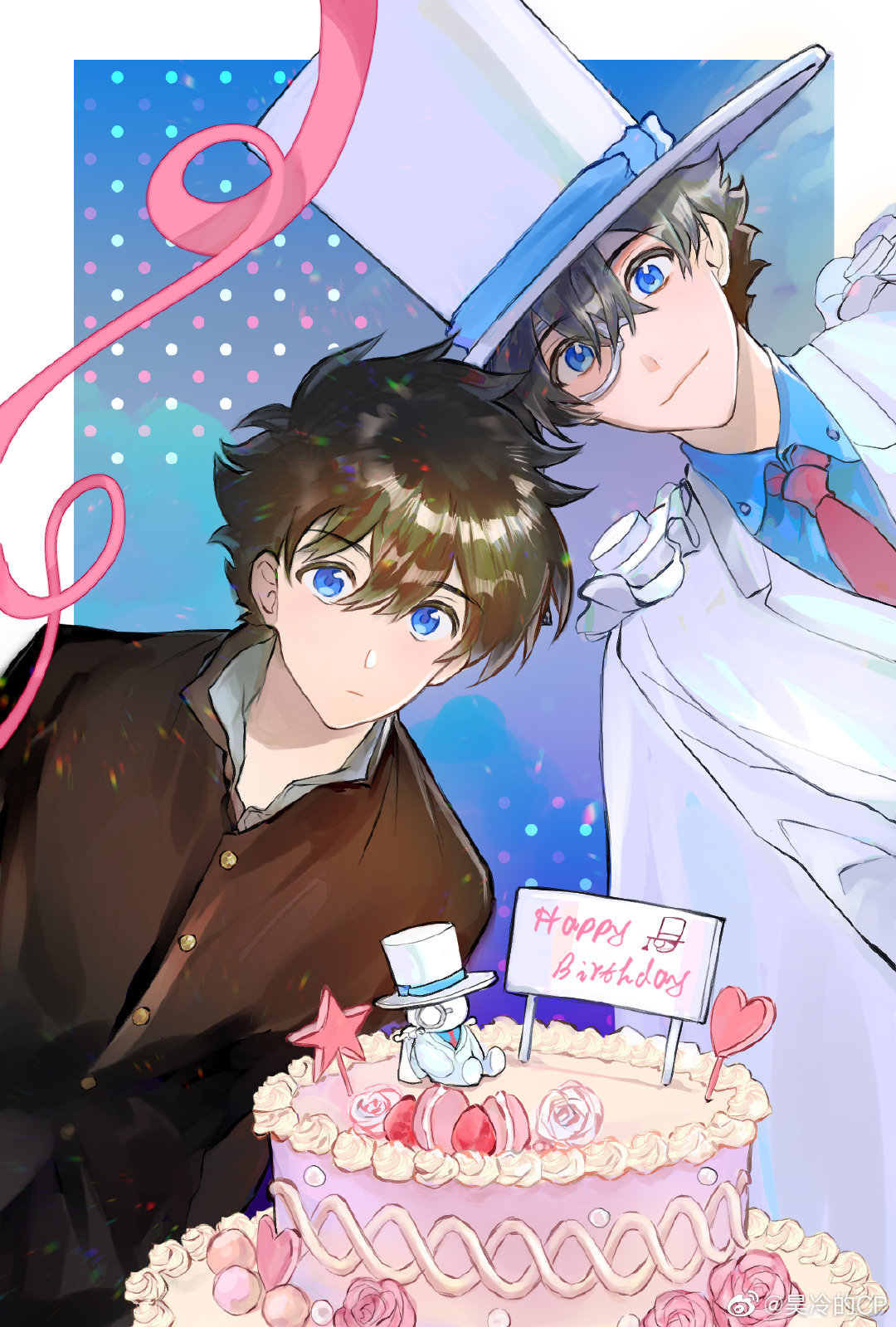 1boy black_hair blue_background blue_eyes blue_shirt border brown_hair cake cape chinese_commentary closed_mouth collared_shirt dated dual_persona flower food formal_clothes fruit gakuran glasses hair_between_eyes haoriday happy_birthday hat heart highres holding jacket kaitou_kid kuroba_kaito long_sleeves looking_at_viewer magic_kaito male_focus monocle necktie pink_flower pink_rose red_necktie rose school_uniform shirt short_hair smile star_(symbol) strawberry suit top_hat upper_body watermark weibo_watermark white_border white_cape white_hat white_jacket white_suit