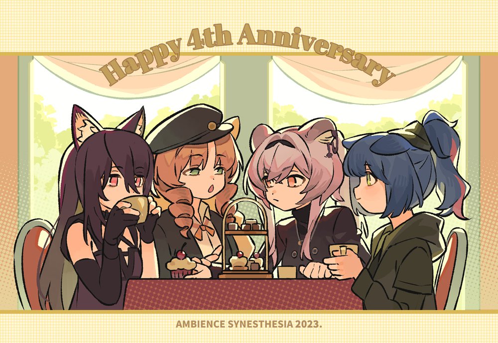 4girls animal_ears arknights backlighting beret black_hairband black_hat black_jacket blue_hair brown_hair cat_ears cat_girl chinese_commentary collared_shirt commentary_request crossed_bangs cup cupcake curtains day deformed drill_hair drill_sidelocks drinking favilia food green_eyes green_jacket hairband happy_anniversary hat holding holding_cup hood hood_down hooded_jacket indoors jacket jessica_(arknights) letterboxed lin_(arknights) melantha_(arknights) mouse_ears mouse_girl multiple_girls open_clothes open_jacket open_mouth parted_bangs pink_eyes pink_hair purple_hair shirt sidelocks sitting swire_(arknights) table tablecloth tea_party tiered_tray upper_body white_shirt window
