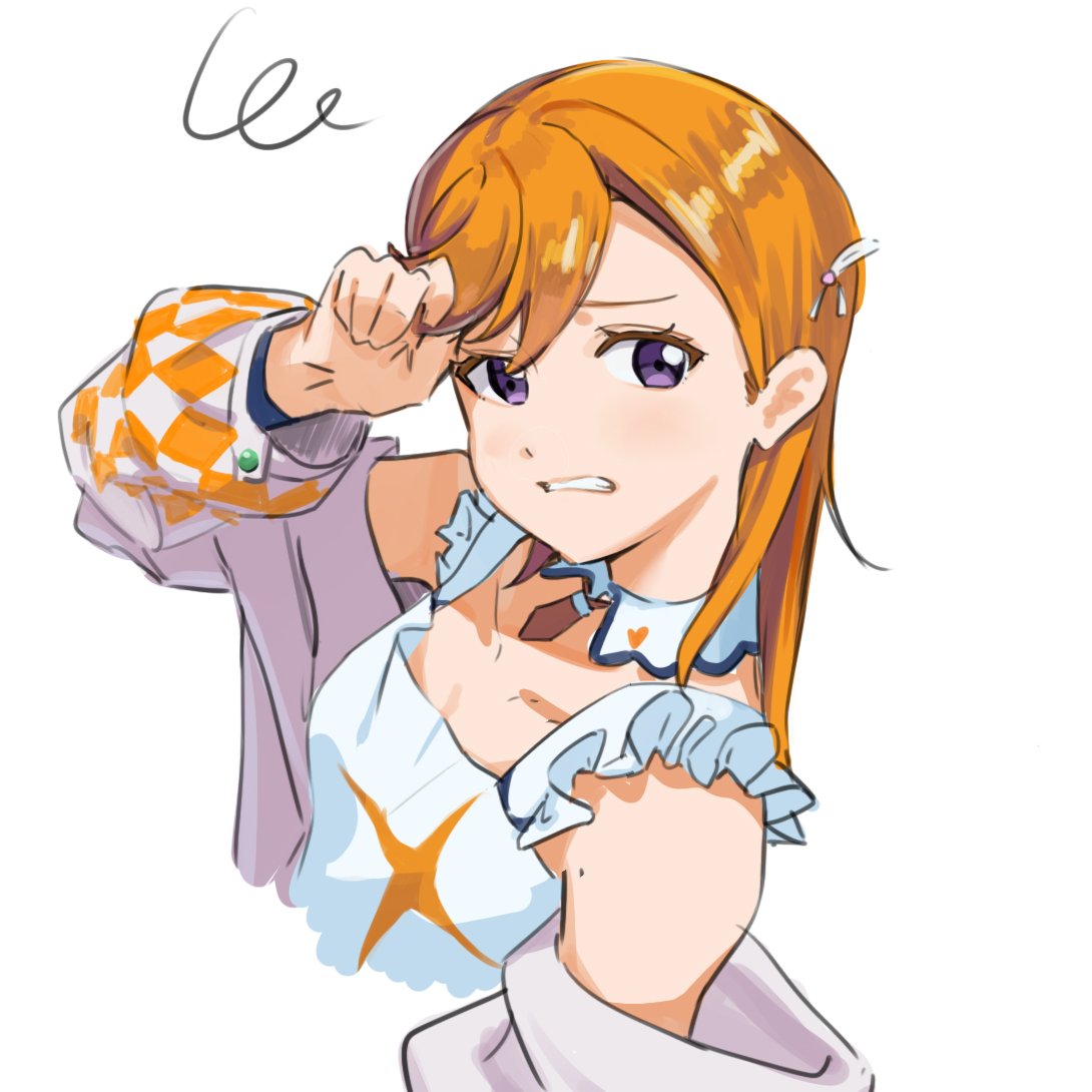 1girl clenched_teeth collarbone commentary cropped_torso frilled_shirt frills grey_jacket hajimari_wa_kimi_no_sora holding holding_own_hair jacket long_hair love_live! love_live!_superstar!! moshi_(0364p) off_shoulder official_alternate_costume orange_hair purple_eyes shibuya_kanon shirt simple_background sleeveless sleeveless_shirt solo teeth white_background