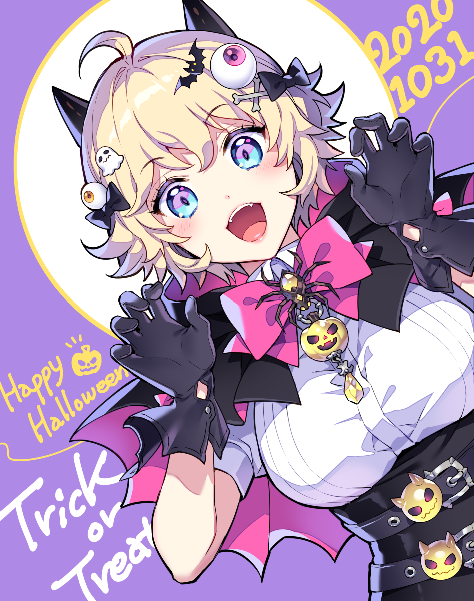 1girl ahoge aqua_eyes bat_hair_ornament belt blonde_hair bow bowtie breasts capelet claw_pose dated eyeball_hair_ornament fake_horns ghost_hair_ornament gloves hair_ornament happy_halloween highres hood hooded_capelet horns multicolored_eyes nardack open_mouth original pumpkin_ornament purple_background purple_eyes short_hair simple_background solo spider_ornament two-tone_eyes