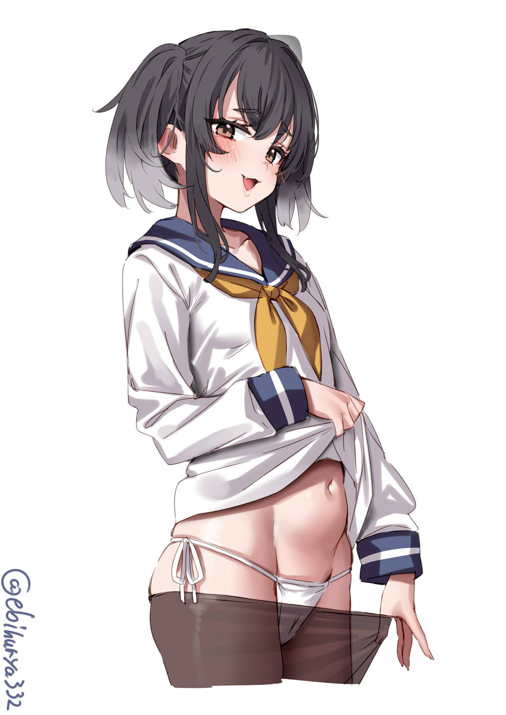 1girl black_hair blue_sailor_collar blush brown_eyes brown_pantyhose clothes_lift clothes_pull collarbone commentary_request cropped_legs dress dress_lift ebifurya fang gradient_hair grey_hair groin highres kantai_collection long_sleeves looking_at_viewer multicolored_hair navel neckerchief one-hour_drawing_challenge panties pantyhose pantyhose_pull sailor_collar sailor_dress see-through_clothes see-through_legwear side-tie_panties sidelocks simple_background solo thick_eyebrows tokitsukaze_(kancolle) twintails twitter_username underwear white_background white_dress white_panties yellow_neckerchief