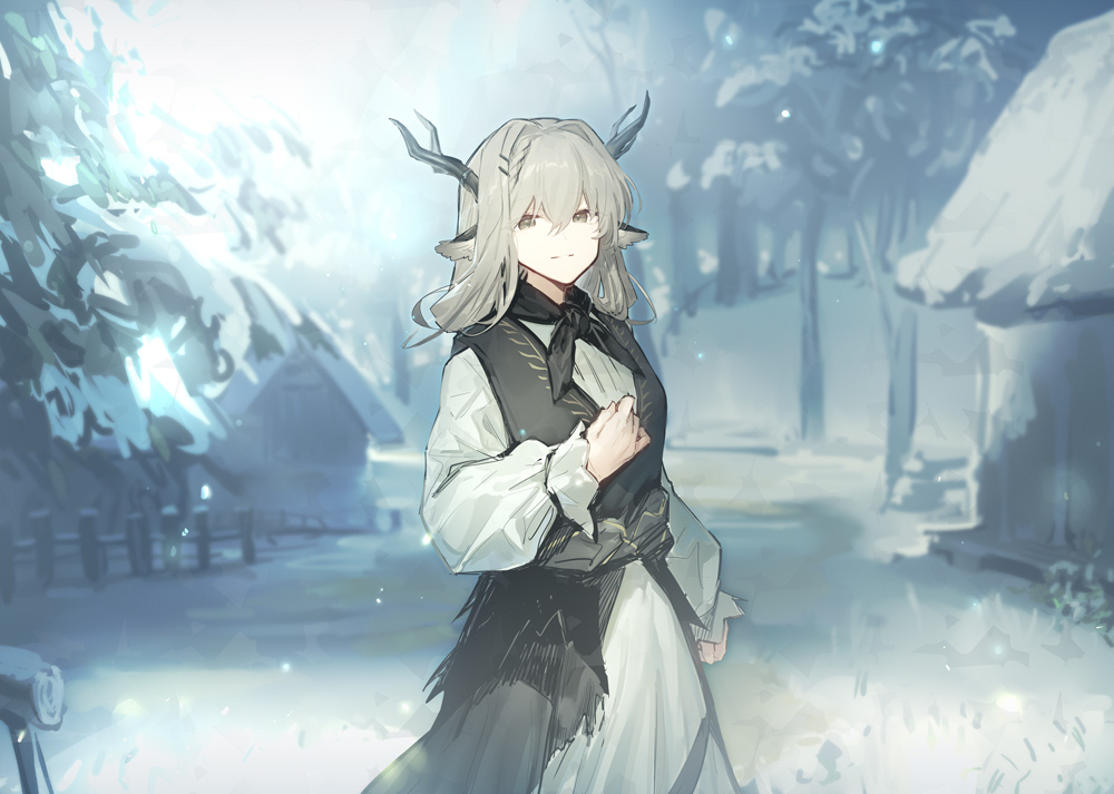 1girl alina_(arknights) animal_ears antlers arknights arm_at_side black_coat black_neckerchief breasts brown_eyes brown_hair building coat deer_antlers deer_ears deer_girl dress fence horns looking_at_viewer medium_breasts melon22 neckerchief outdoors sky smile snow solo tailcoat torn_clothes tree white_dress white_sky
