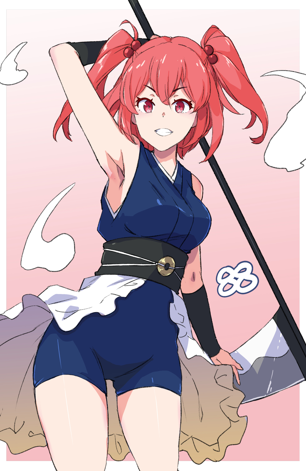 1girl adapted_costume arm_up bike_shorts breasts coin commentary_request ghost gradient_background highres holding holding_scythe jack_(wkm74959) looking_at_viewer obi one-hour_drawing_challenge onozuka_komachi pink_background red_eyes red_hair sash scythe sleeveless solo touhou two_side_up