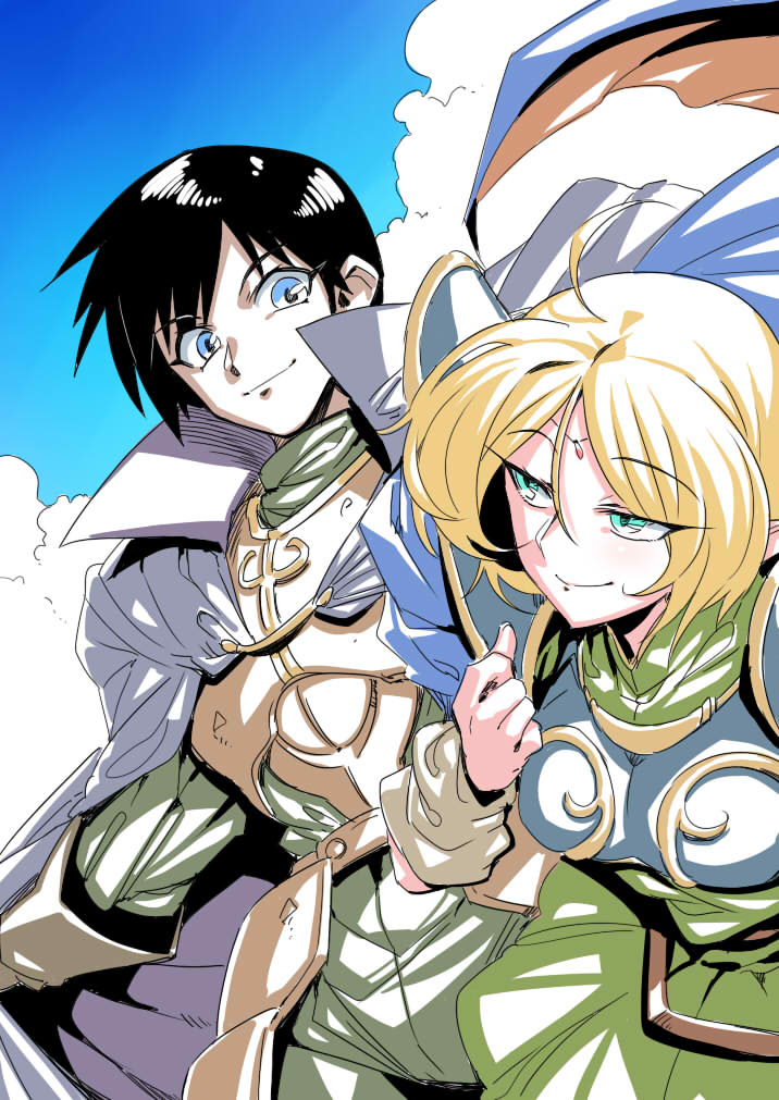 1boy 1girl ahoge armor black_hair blue_eyes cape cloud day deedlit dress elf green_dress green_eyes looking_at_another parn_(lodoss) pointy_ears record_of_lodoss_war smile tukiwani white_cape