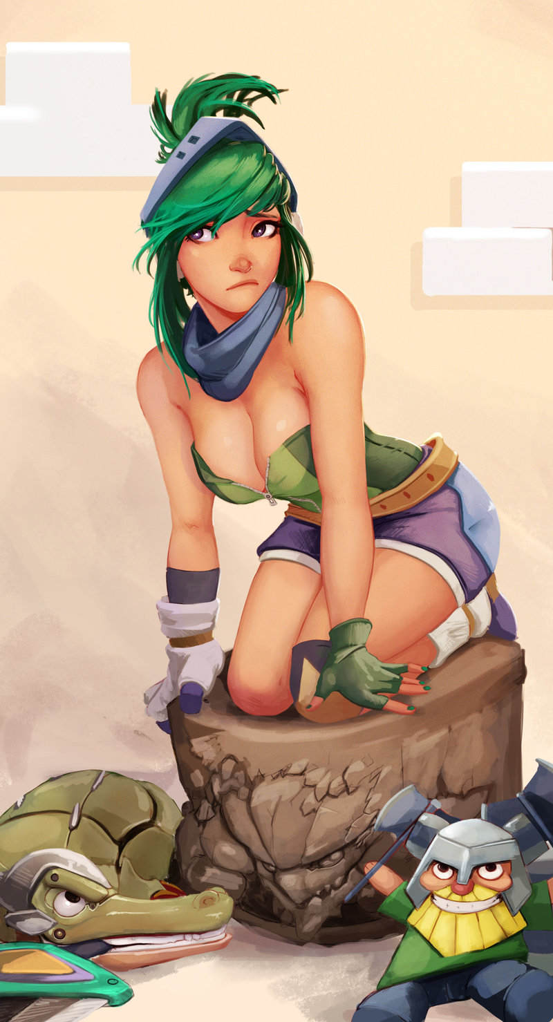 1girl alternate_costume alternate_hair_color arcade_(league_of_legends) arcade_riven axe blonde_hair breasts brolaf character_doll cleavage fantasy fingerless_gloves gloves green_hair helmet highres kneeling league_of_legends malphite nail_polish olaf_(league_of_legends) raichiyo33 renekton riven_(league_of_legends) short_hair smile unzipped visor weapon