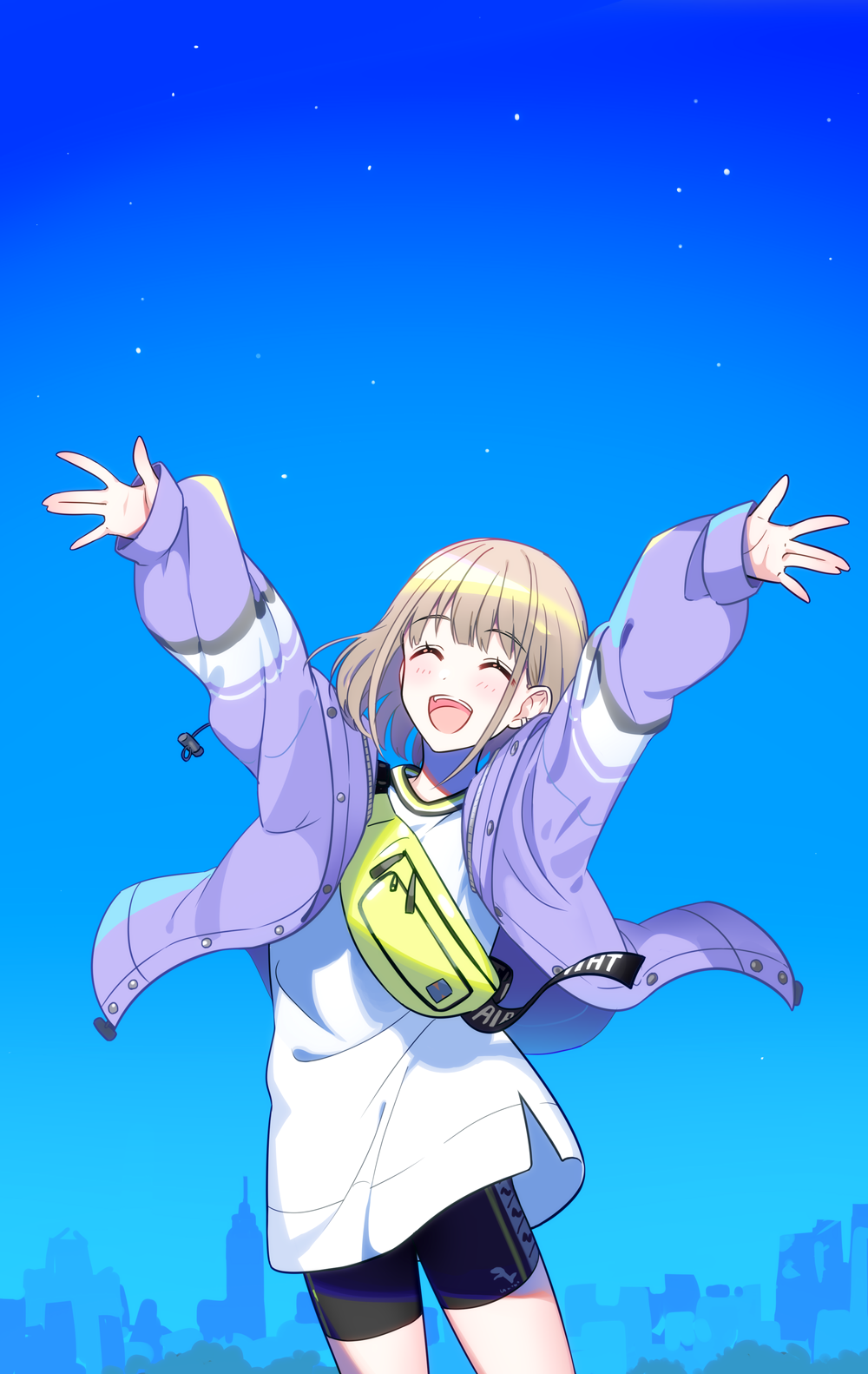 arms_up black_shorts blue_background blue_eyes blue_sky blush brown_hair cityscape coat commentary cowboy_shot earrings closed_eyes fanny_pack highres idolmaster idolmaster_shiny_colors jewelry long_sleeves night night_sky open_mouth outstretched_arms purple_coat serizawa_asahi shirt short_hair shorts sketch sky smile star_(symbol) white_shirt yuura