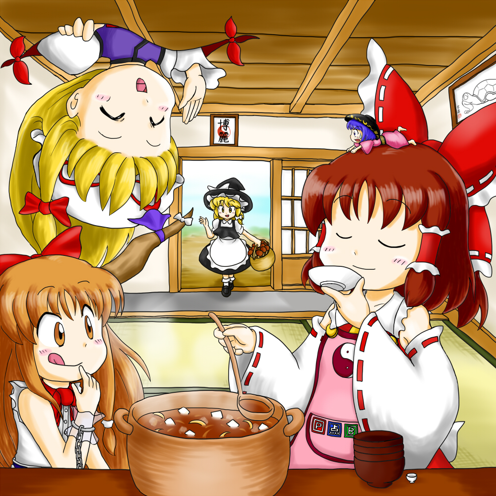 5girls apron basket black_dress blonde_hair blue_eyes blue_hair bow bowl bowl_hat brown_eyes brown_hair building chain close-up closed_eyes detached_sleeves door drawing_(object) dress food full_body gap_(touhou) genjii_(touhou) hair_bow hair_tubes hakurei_reimu hand_up hat hat_bow hat_ribbon horns house ibuki_suika indoors japanese_clothes kimono kirisame_marisa mini_person minigirl miso_soup multiple_girls mushroom nitamago nitamago_(artist) plate ribbon ribbon_trim saucer single_horn sleeveless slice_of_life sliding_doors smile soup sukuna_shinmyoumaru sweatdrop talking tasting tasting_plate tongue tongue_out touhou upside-down walking waving witch_hat wrist_cuffs yakumo_yukari yellow_eyes yin_yang